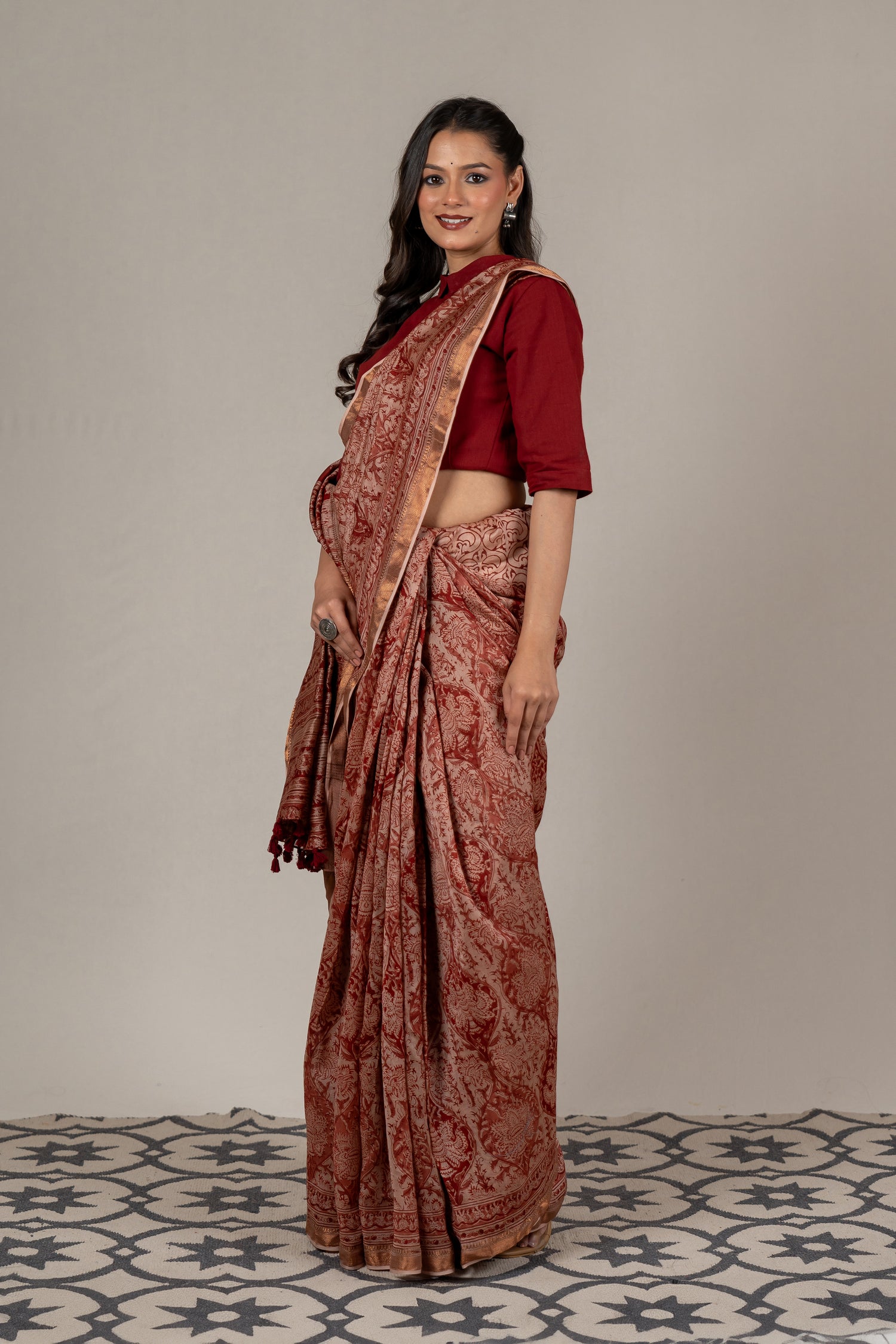 Mul Chanderi Kalamkari Block Printed Saree in Beige Red – Sama