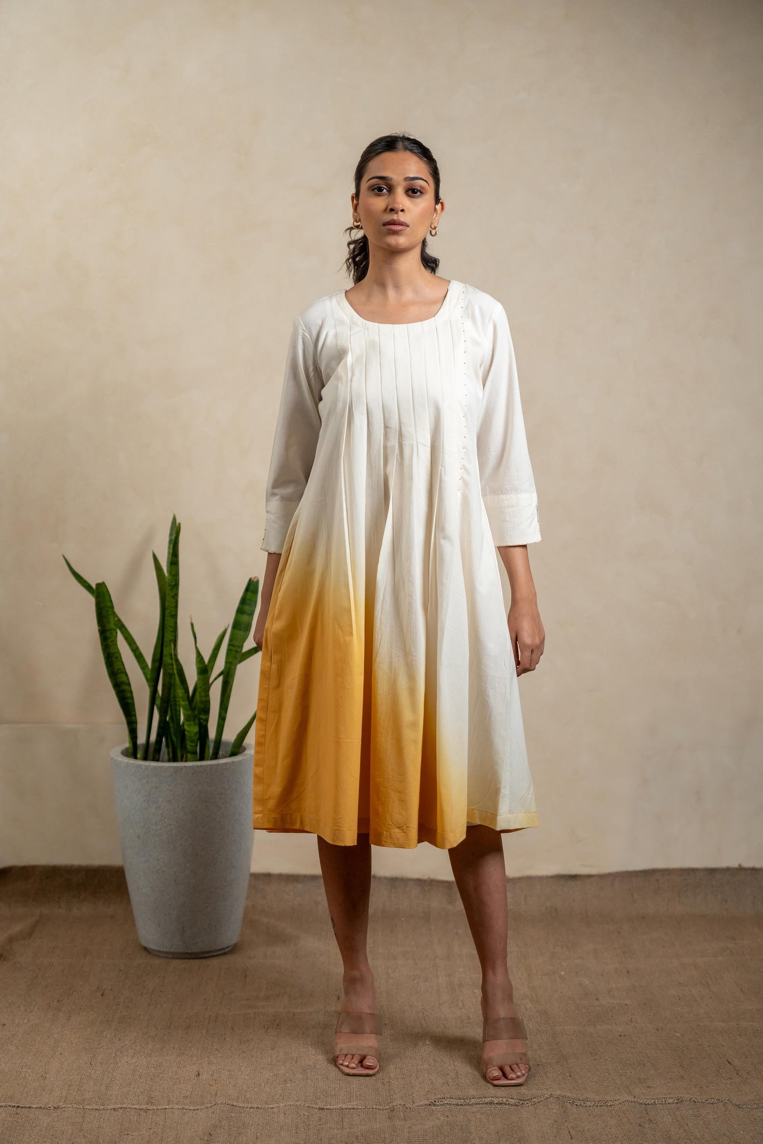 Aabha Marigold Yellow Tie-Dye Cotton Dress | Ray-ethnic
