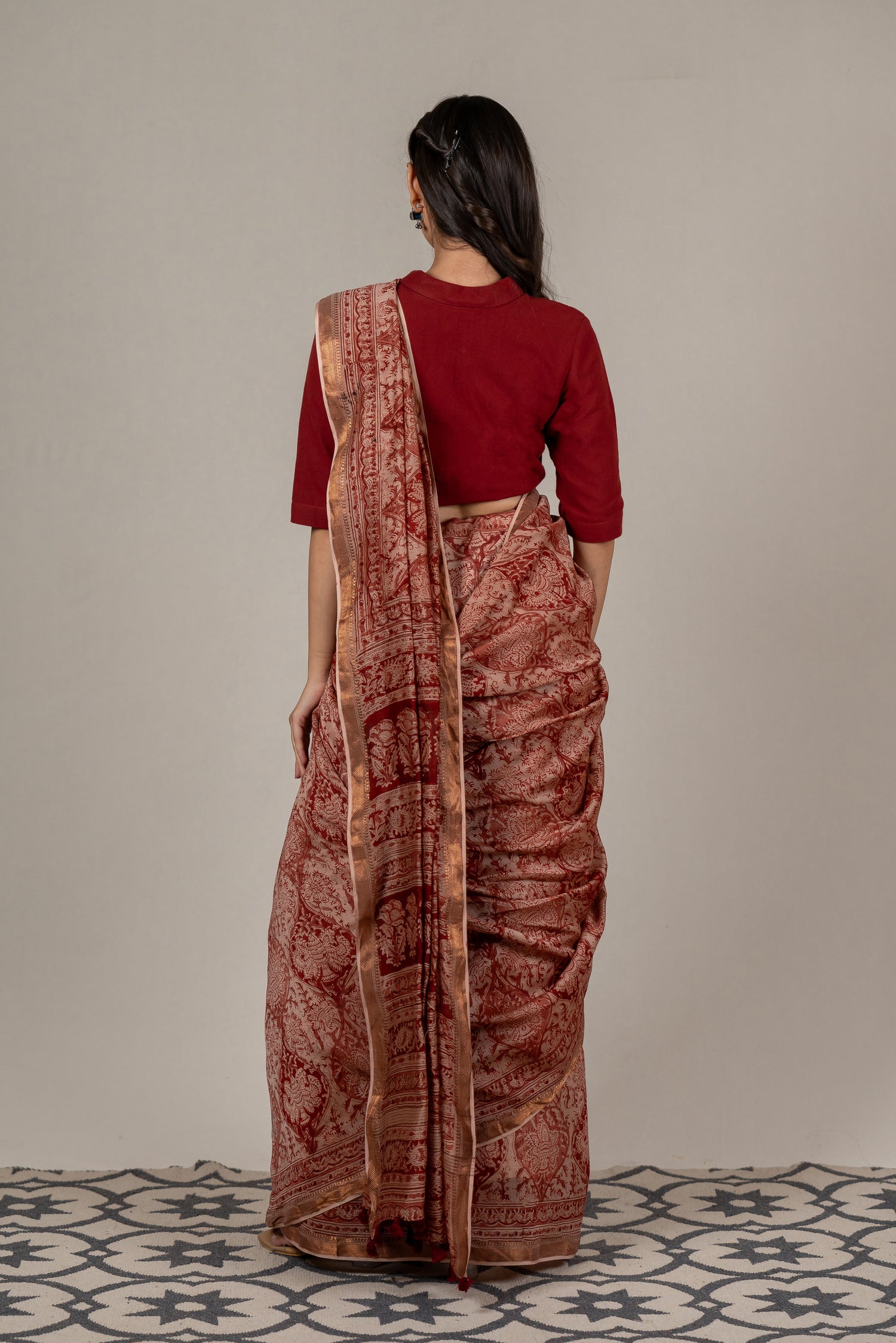 Mul Chanderi Kalamkari Block Printed Saree in Beige Red – Sama