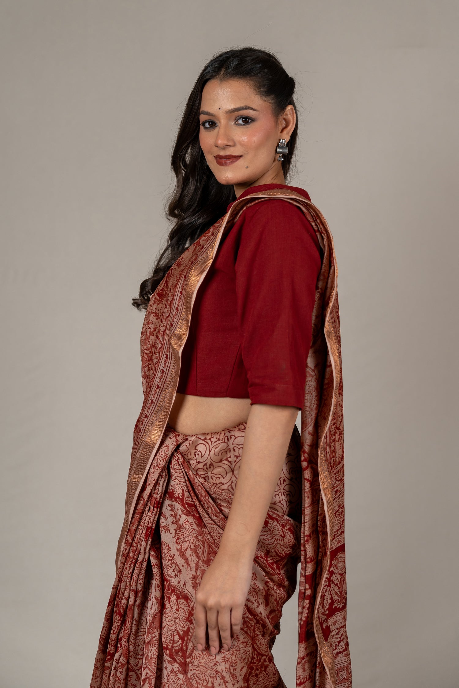 Mul Chanderi Kalamkari Block Printed Saree in Beige Red – Sama