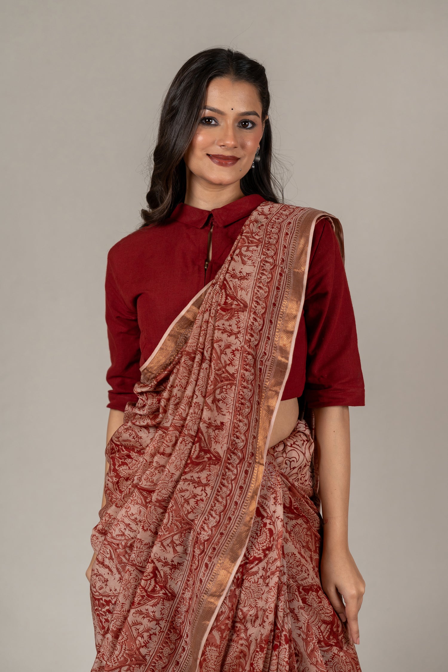 Mul Chanderi Kalamkari Block Printed Saree in Beige Red – Sama