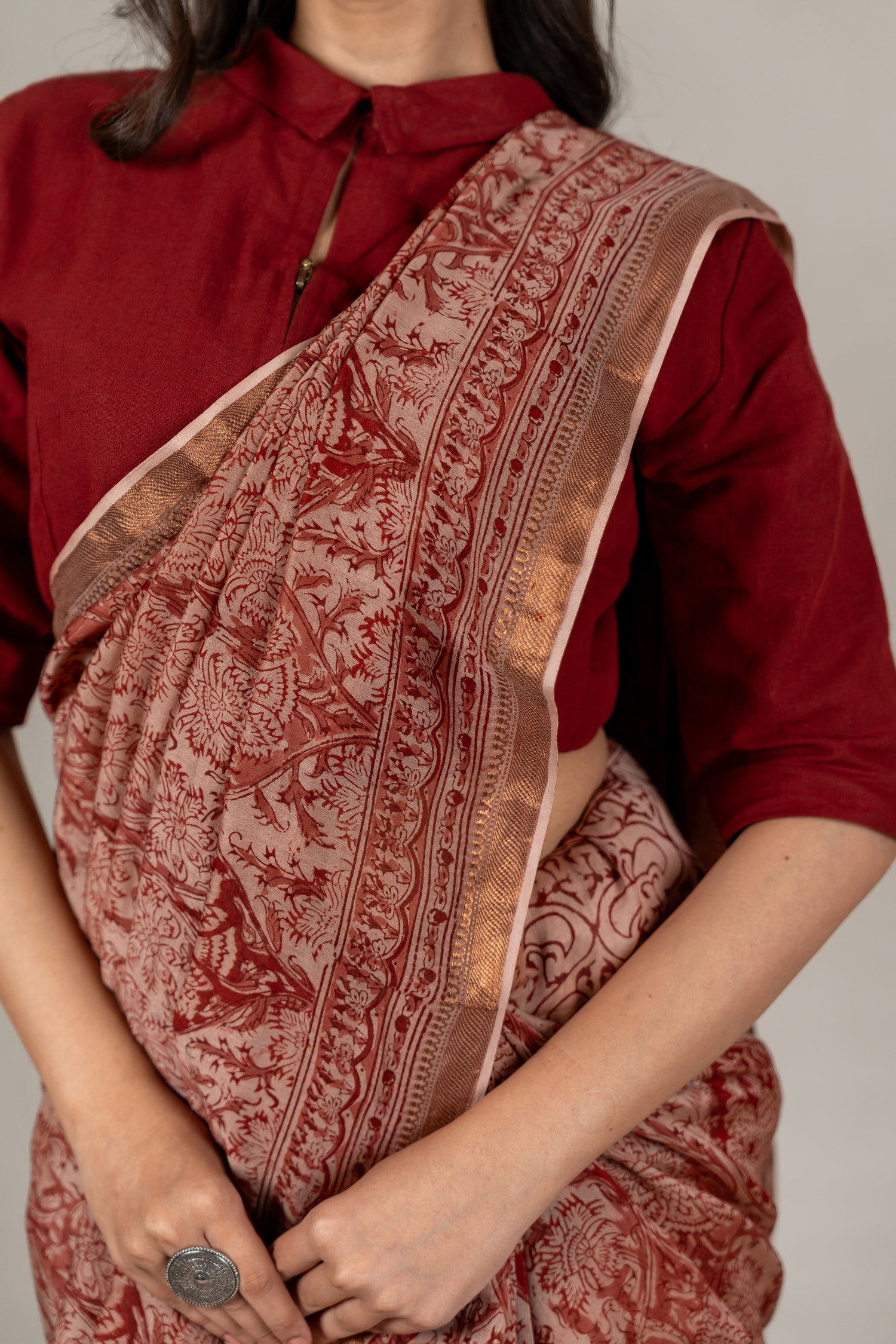 Mul Chanderi Kalamkari Block Printed Saree in Beige Red – Sama