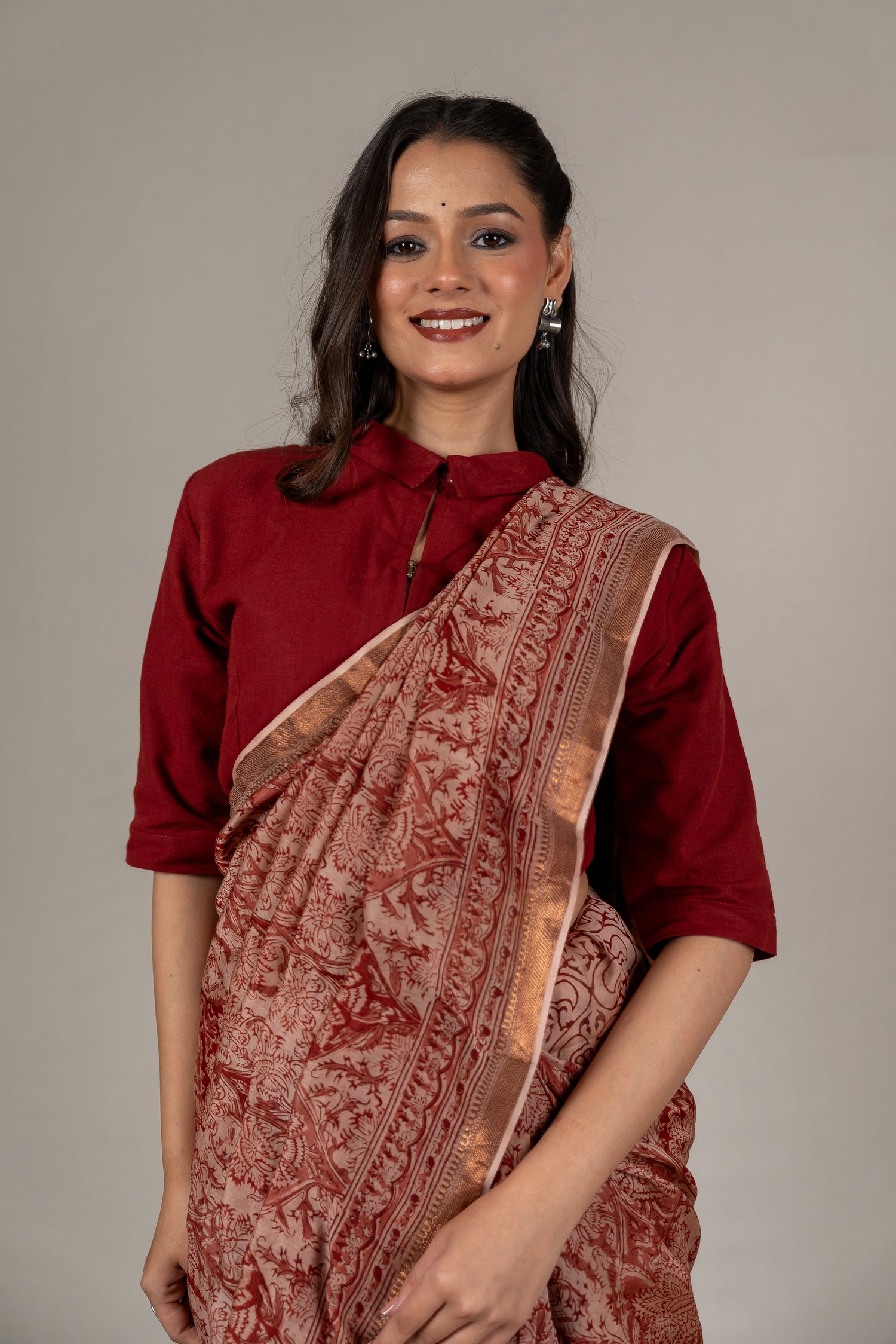 Mul Chanderi Kalamkari Block Printed Saree in Beige Red – Sama