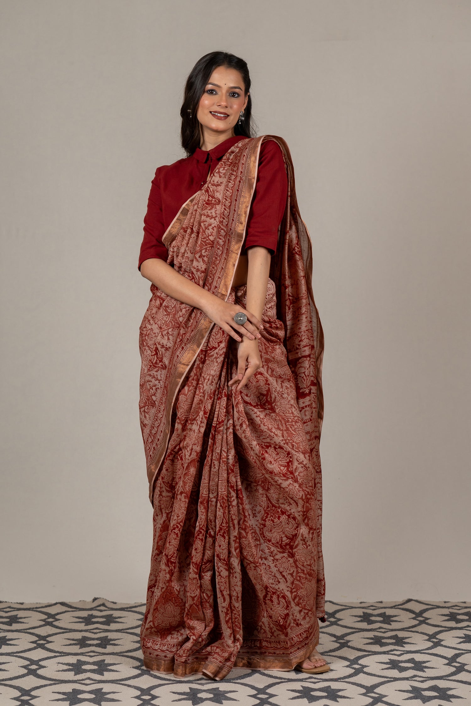 Mul Chanderi Kalamkari Block Printed Saree in Beige Red – Sama