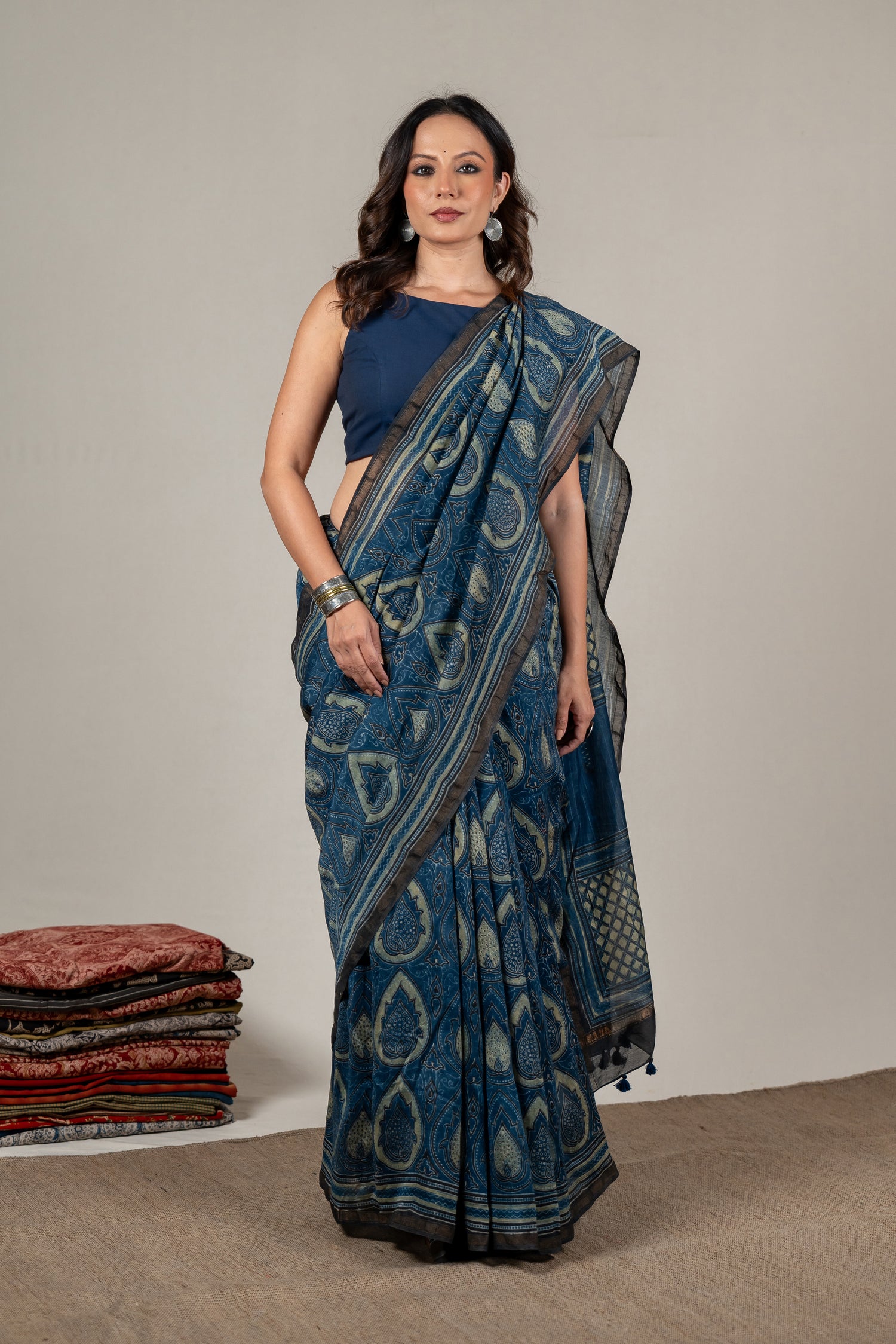 Chanderi Ajrakh Hand Block Printed Saree in Indigo with Hand-Embroidered Pallu – Sama