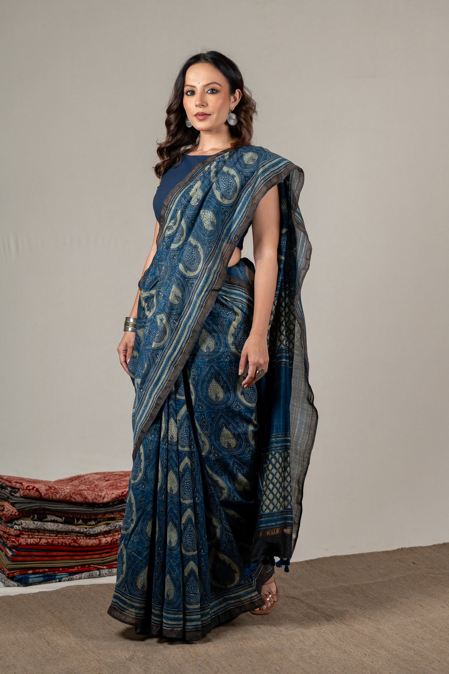 Chanderi Ajrakh Hand Block Printed Saree in Indigo with Hand-Embroidered Pallu – Sama