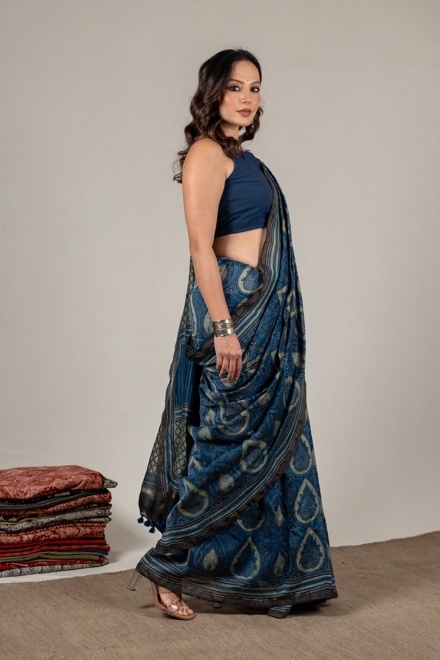 Chanderi Ajrakh Hand Block Printed Saree in Indigo with Hand-Embroidered Pallu – Sama
