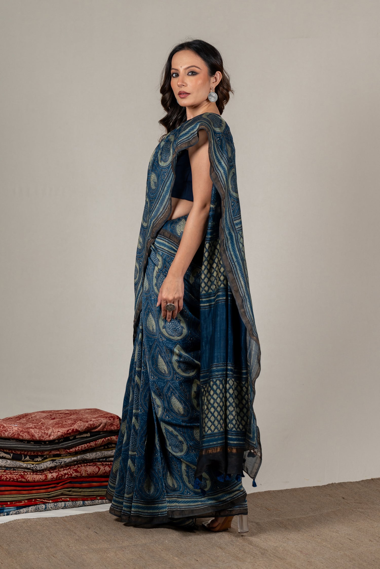 Chanderi Ajrakh Hand Block Printed Saree in Indigo with Hand-Embroidered Pallu – Sama