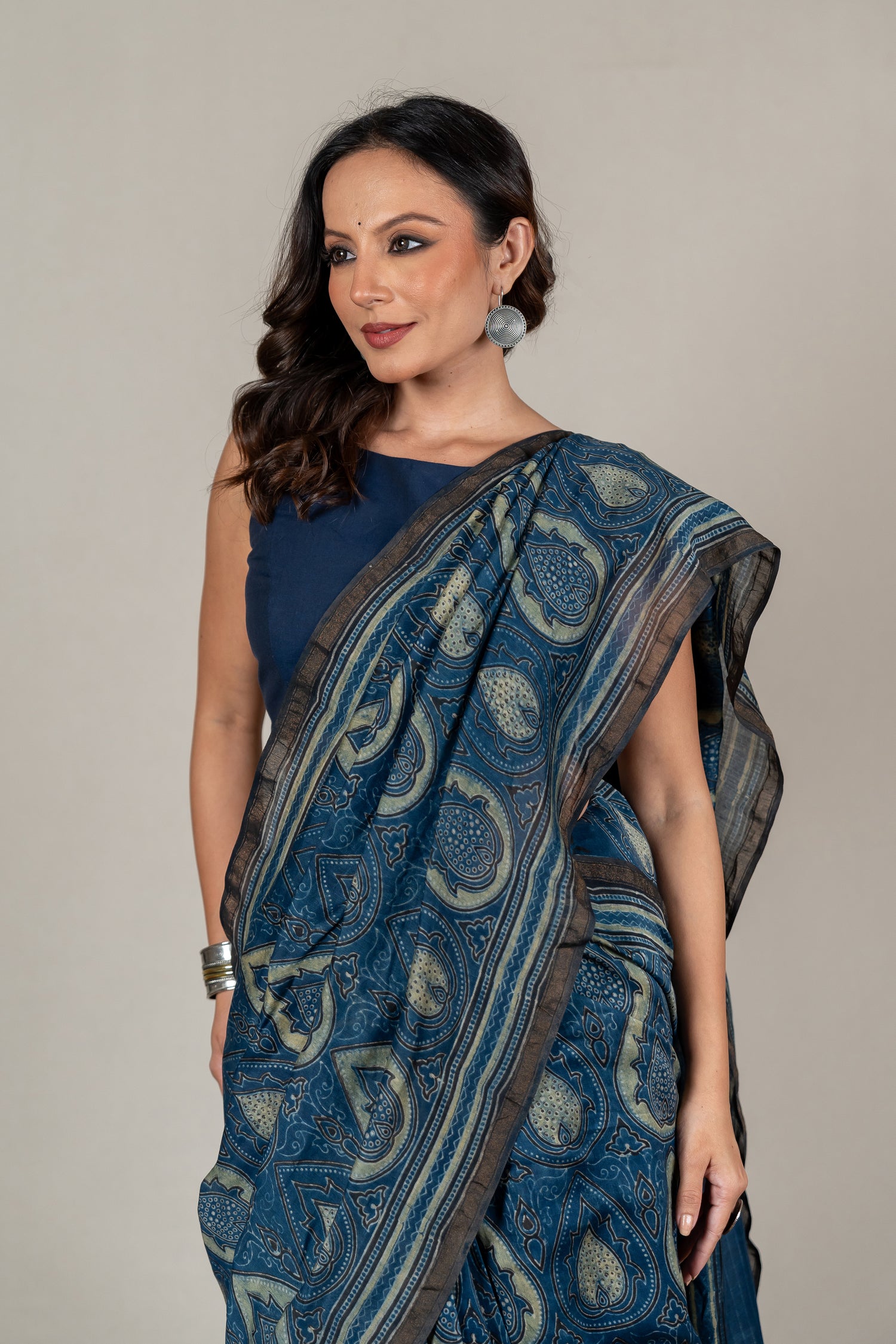 Chanderi Ajrakh Hand Block Printed Saree in Indigo with Hand-Embroidered Pallu – Sama