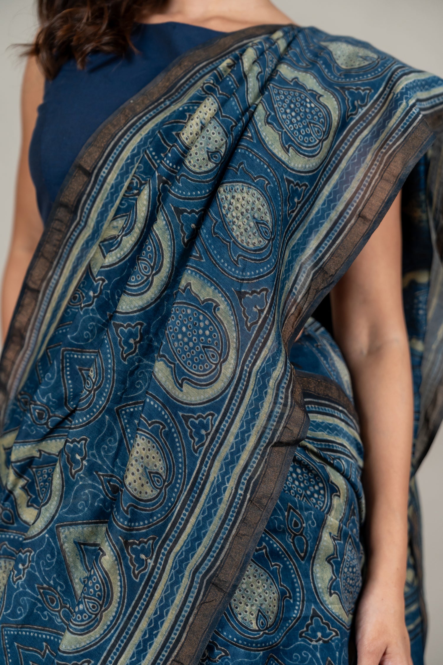 Chanderi Ajrakh Hand Block Printed Saree in Indigo with Hand-Embroidered Pallu – Sama