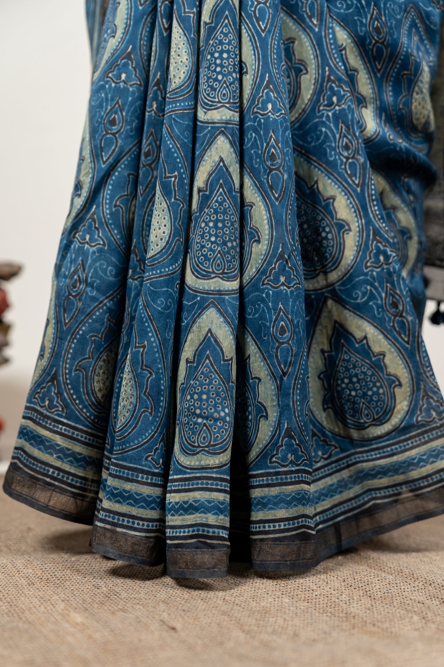 Chanderi Ajrakh Hand Block Printed Saree in Indigo with Hand-Embroidered Pallu – Sama