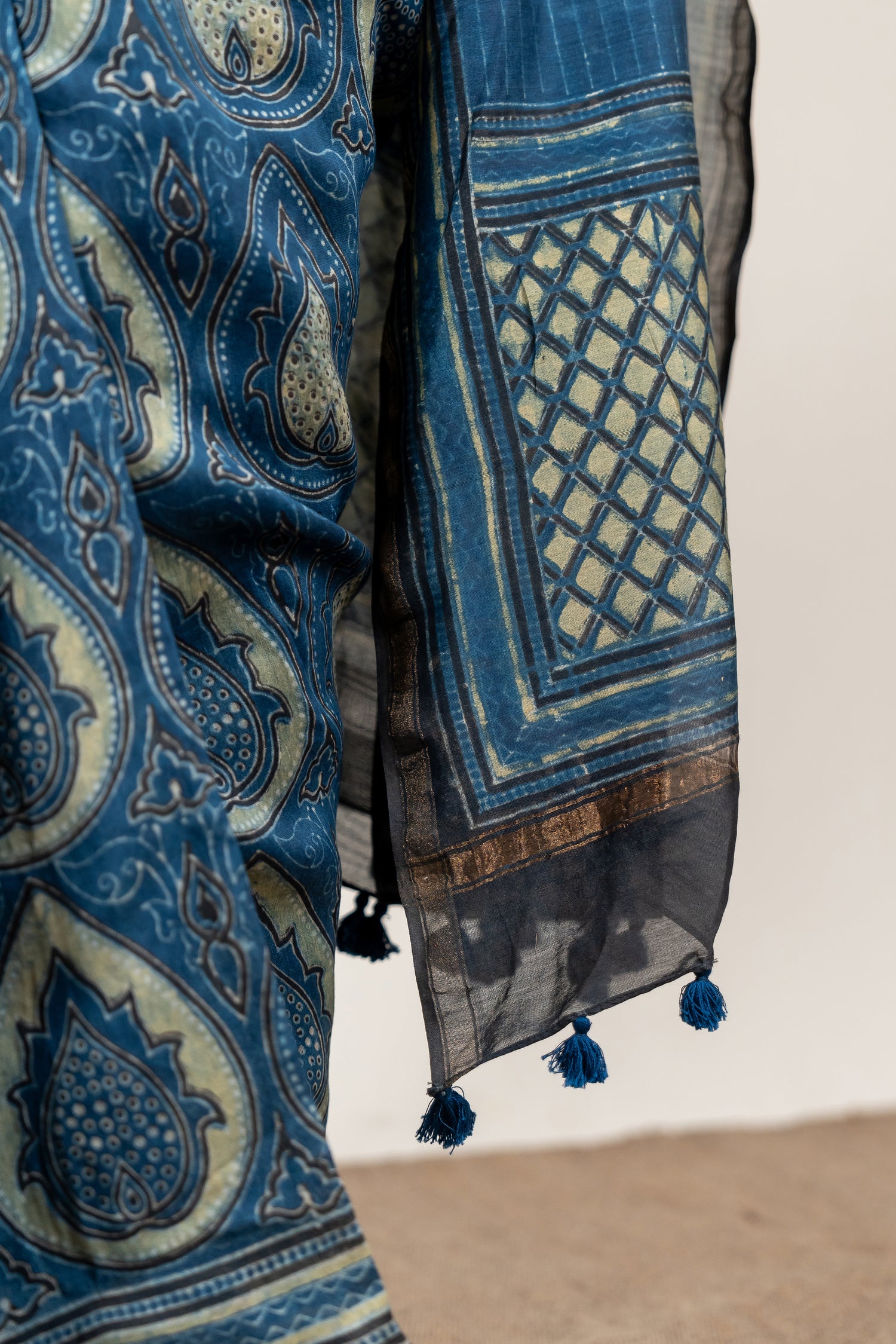 Chanderi Ajrakh Hand Block Printed Saree in Indigo with Hand-Embroidered Pallu – Sama