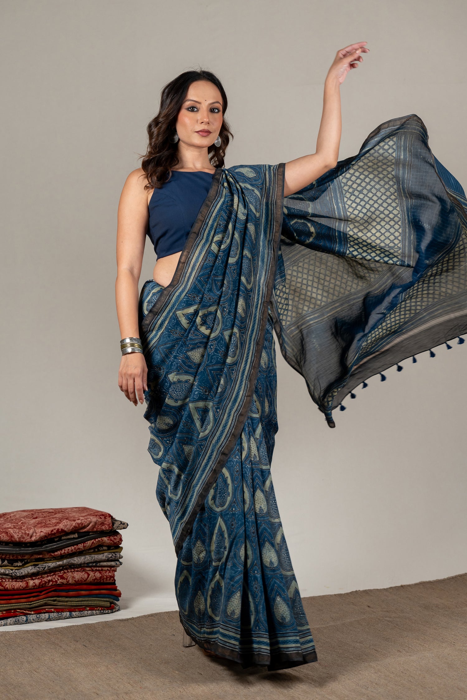 Chanderi Ajrakh Hand Block Printed Saree in Indigo with Hand-Embroidered Pallu – Sama