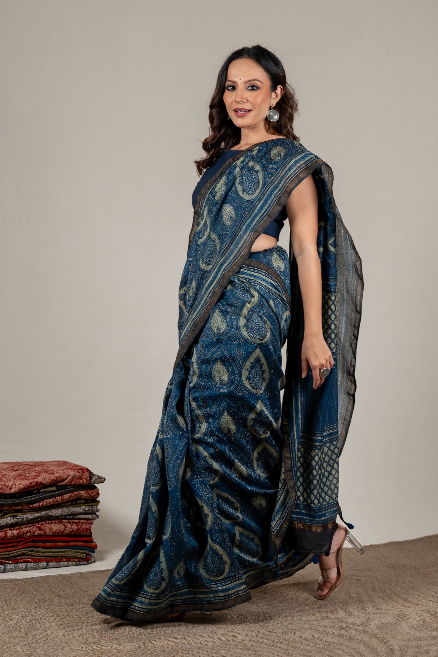 Chanderi Ajrakh Hand Block Printed Saree in Indigo with Hand-Embroidered Pallu – Sama