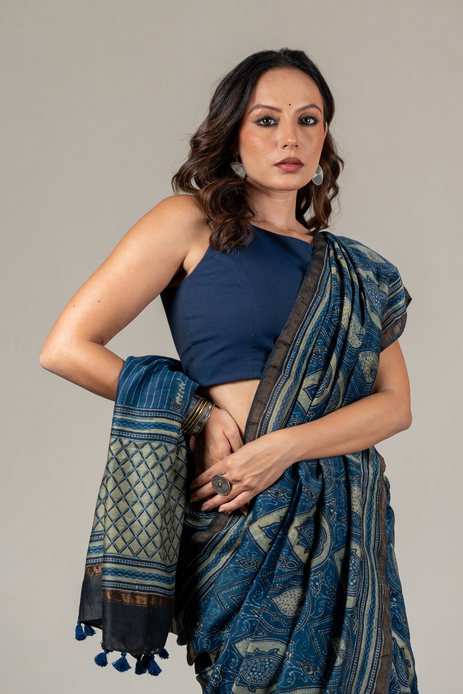 Chanderi Ajrakh Hand Block Printed Saree in Indigo with Hand-Embroidered Pallu – Sama
