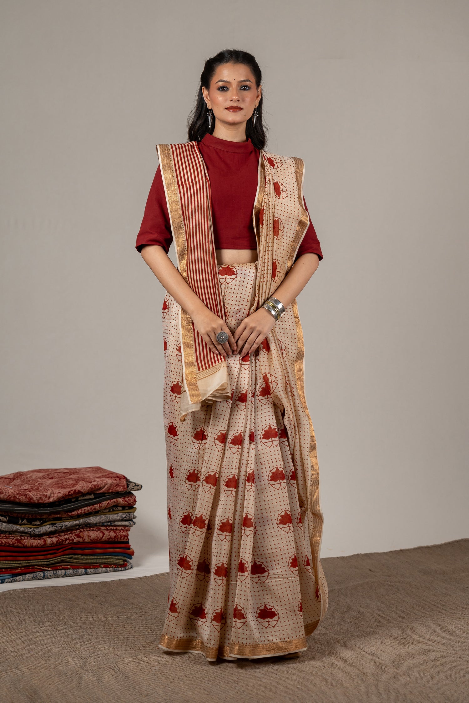 Brick Rust Chanderi Dabu Hand Block Printed Saree – Sama