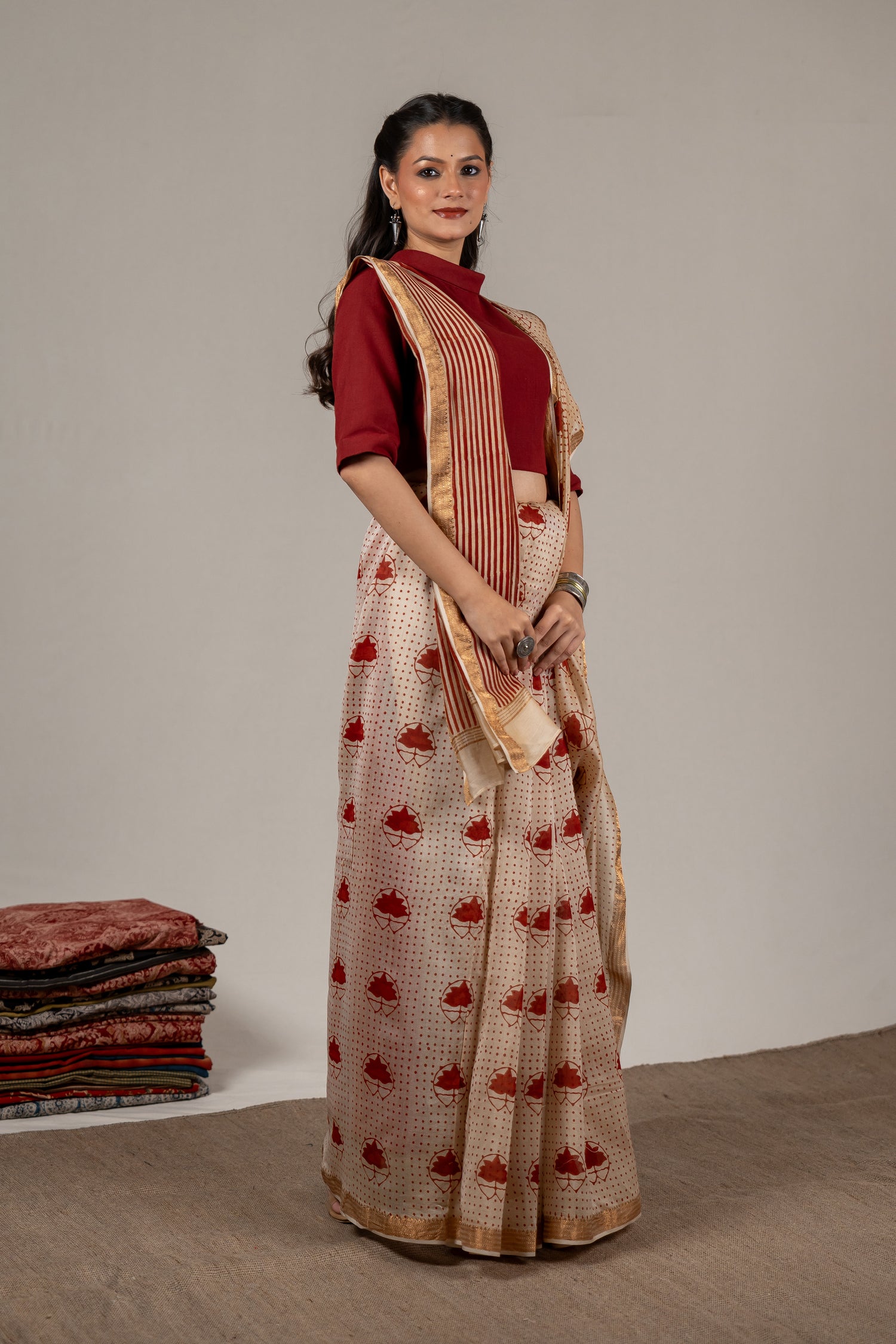 Brick Rust Chanderi Dabu Hand Block Printed Saree – Sama