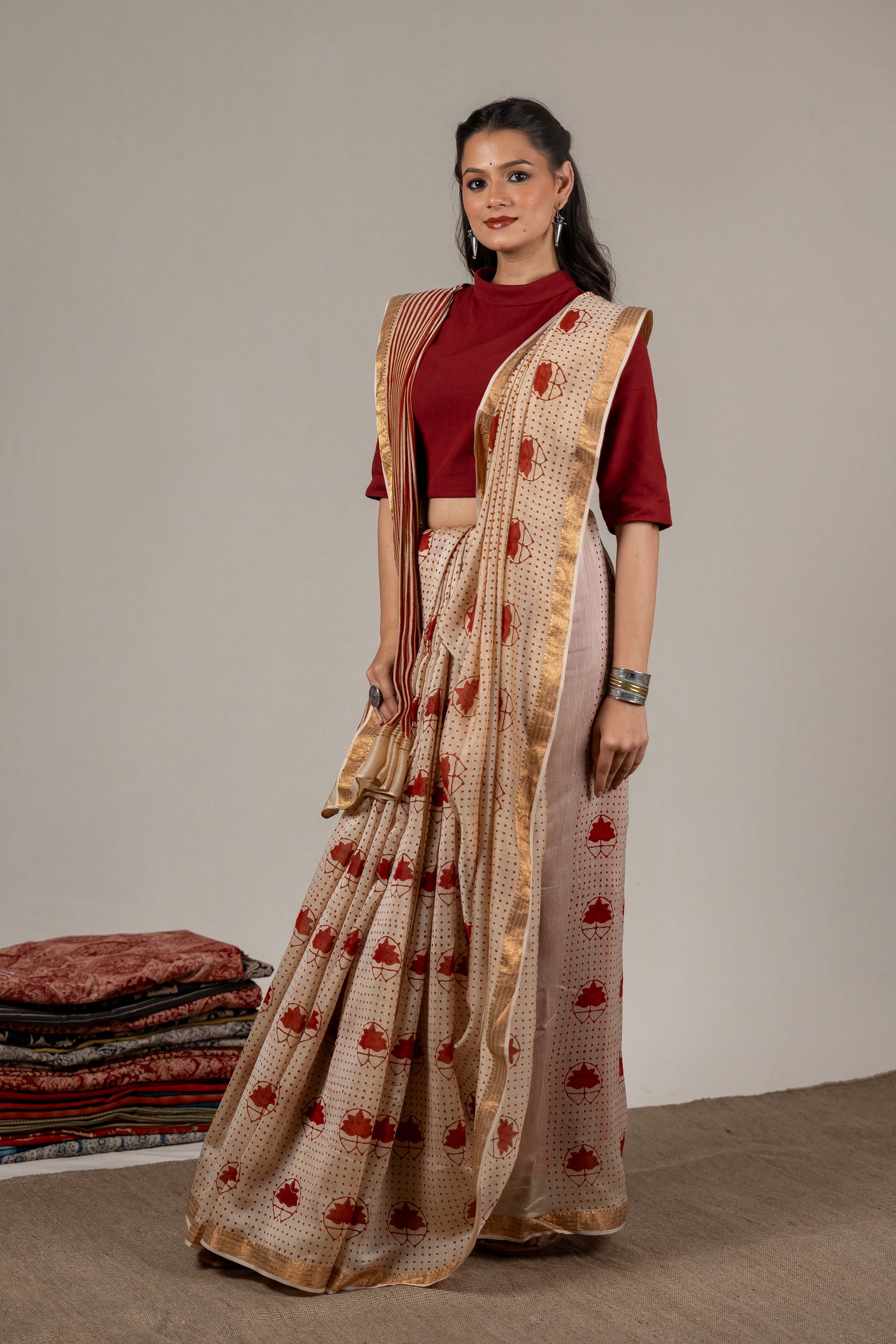 Brick Rust Chanderi Dabu Hand Block Printed Saree – Sama