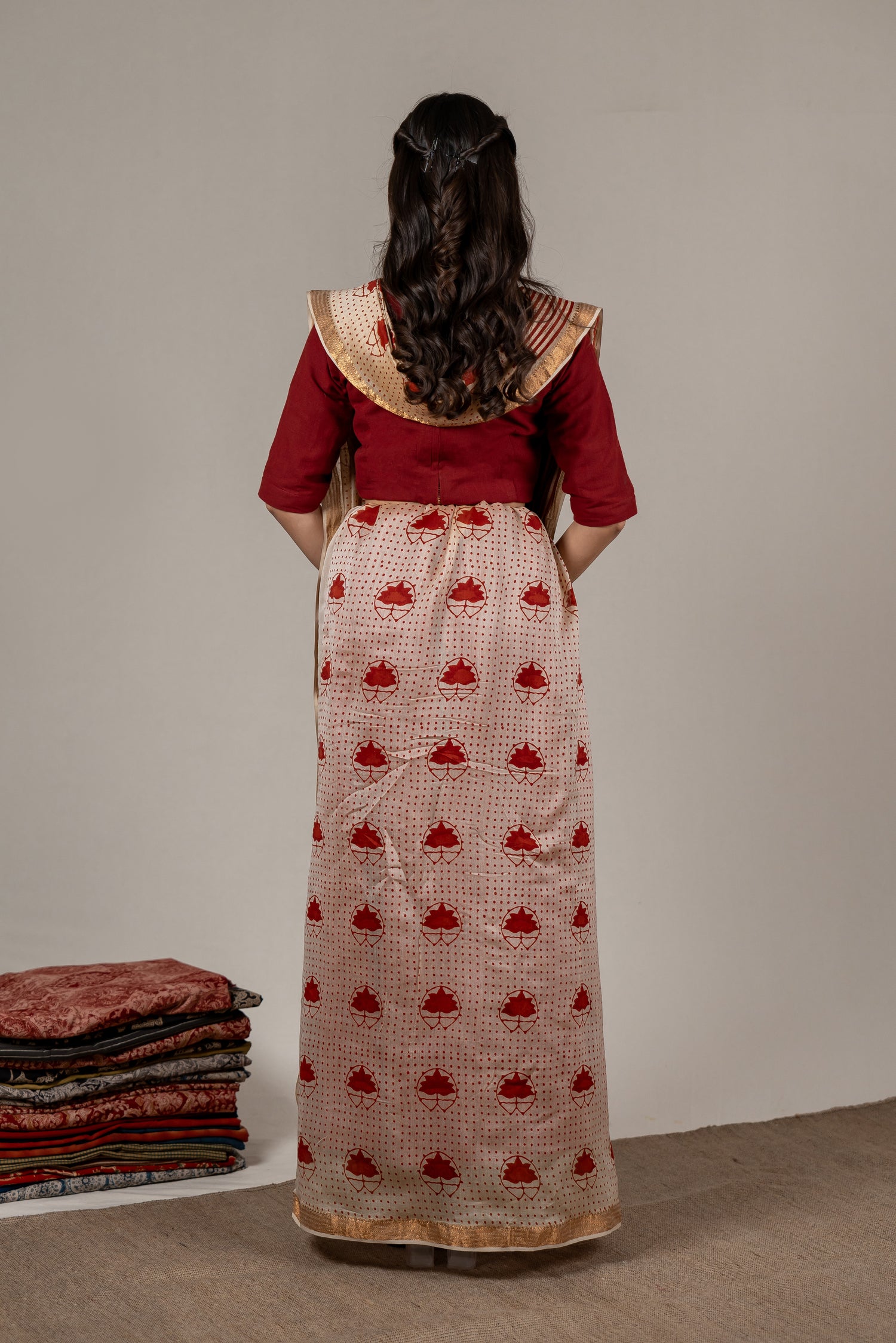 Brick Rust Chanderi Dabu Hand Block Printed Saree – Sama
