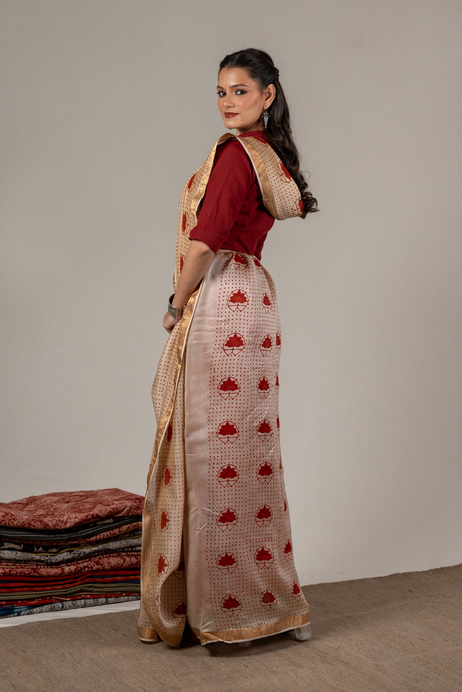 Brick Rust Chanderi Dabu Hand Block Printed Saree – Sama