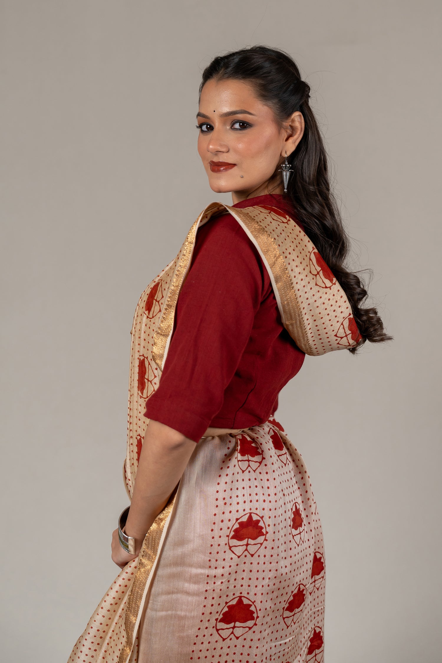 Brick Rust Chanderi Dabu Hand Block Printed Saree – Sama