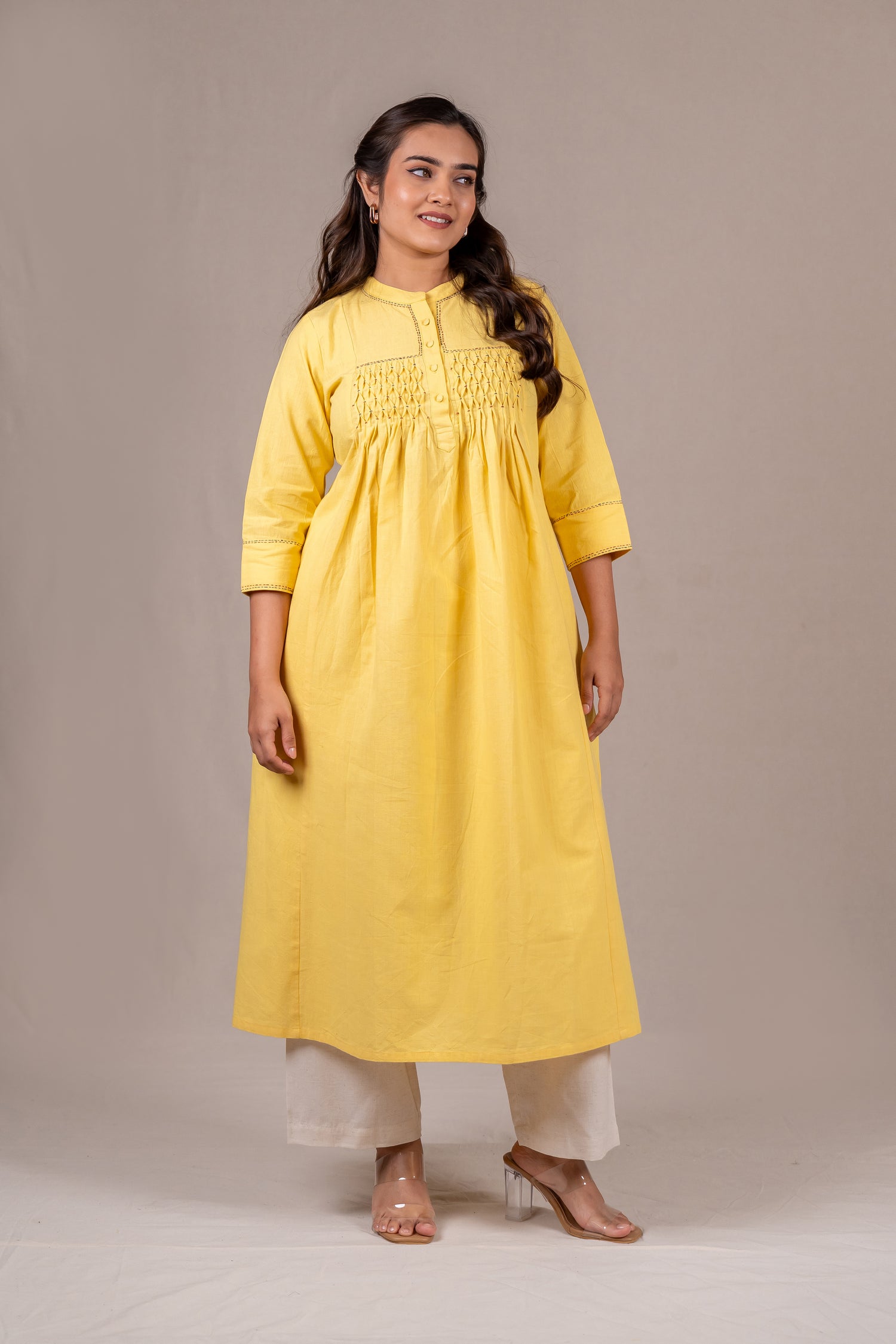 Light Yellow Smocked Hand-Embroidered Kurta – Sutra