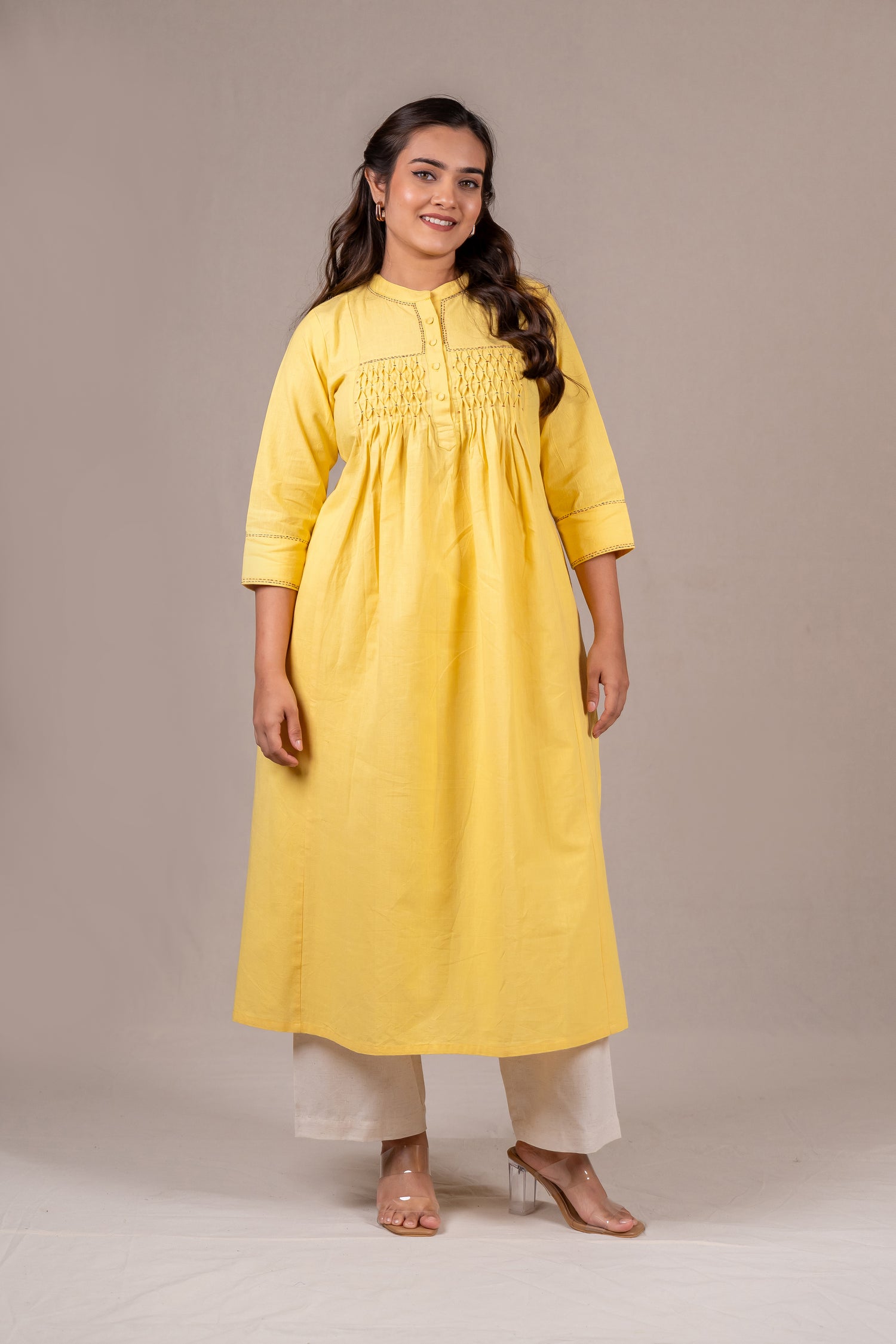 Light Yellow Smocked Hand-Embroidered Kurta – Sutra