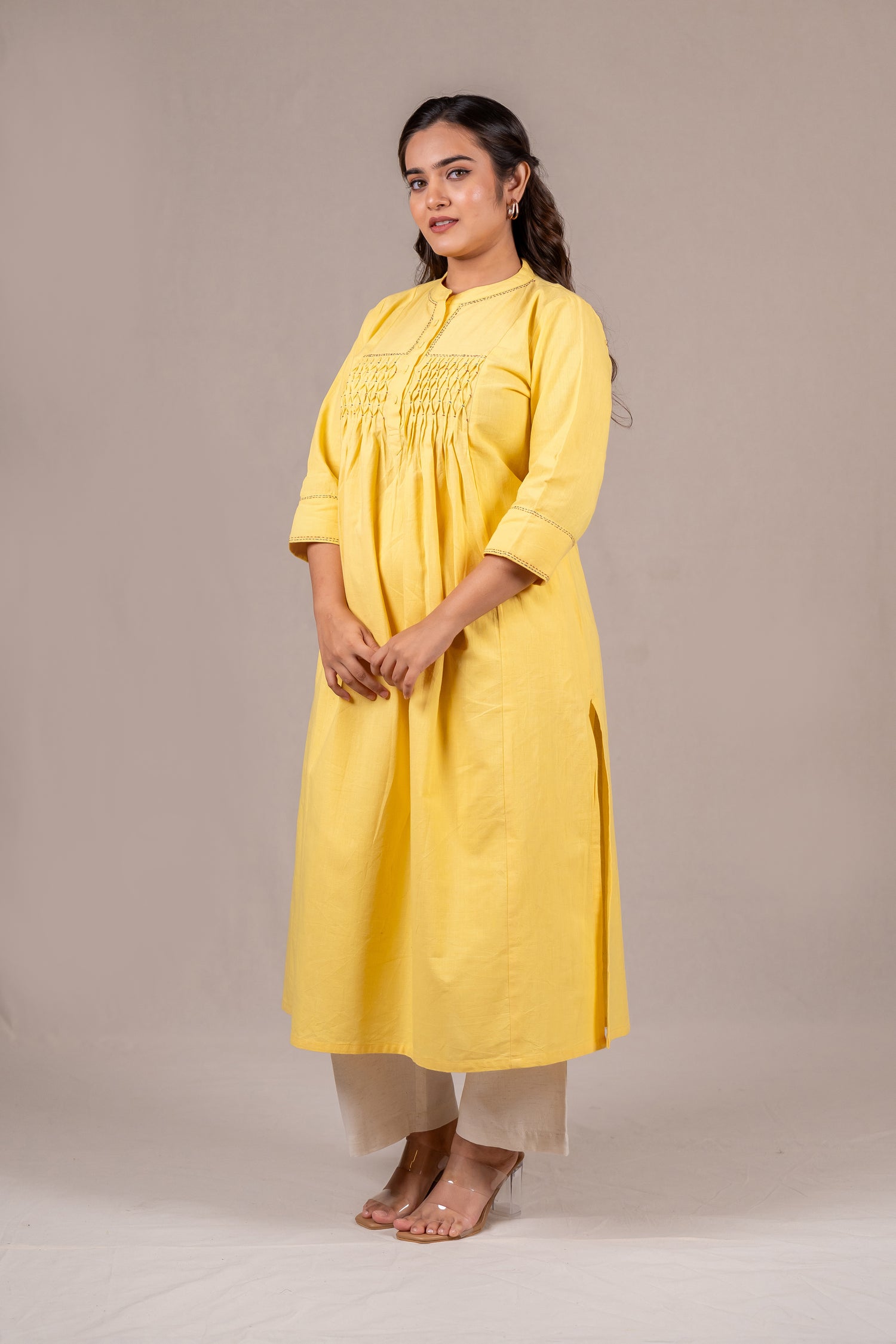 Light Yellow Smocked Hand-Embroidered Kurta – Sutra