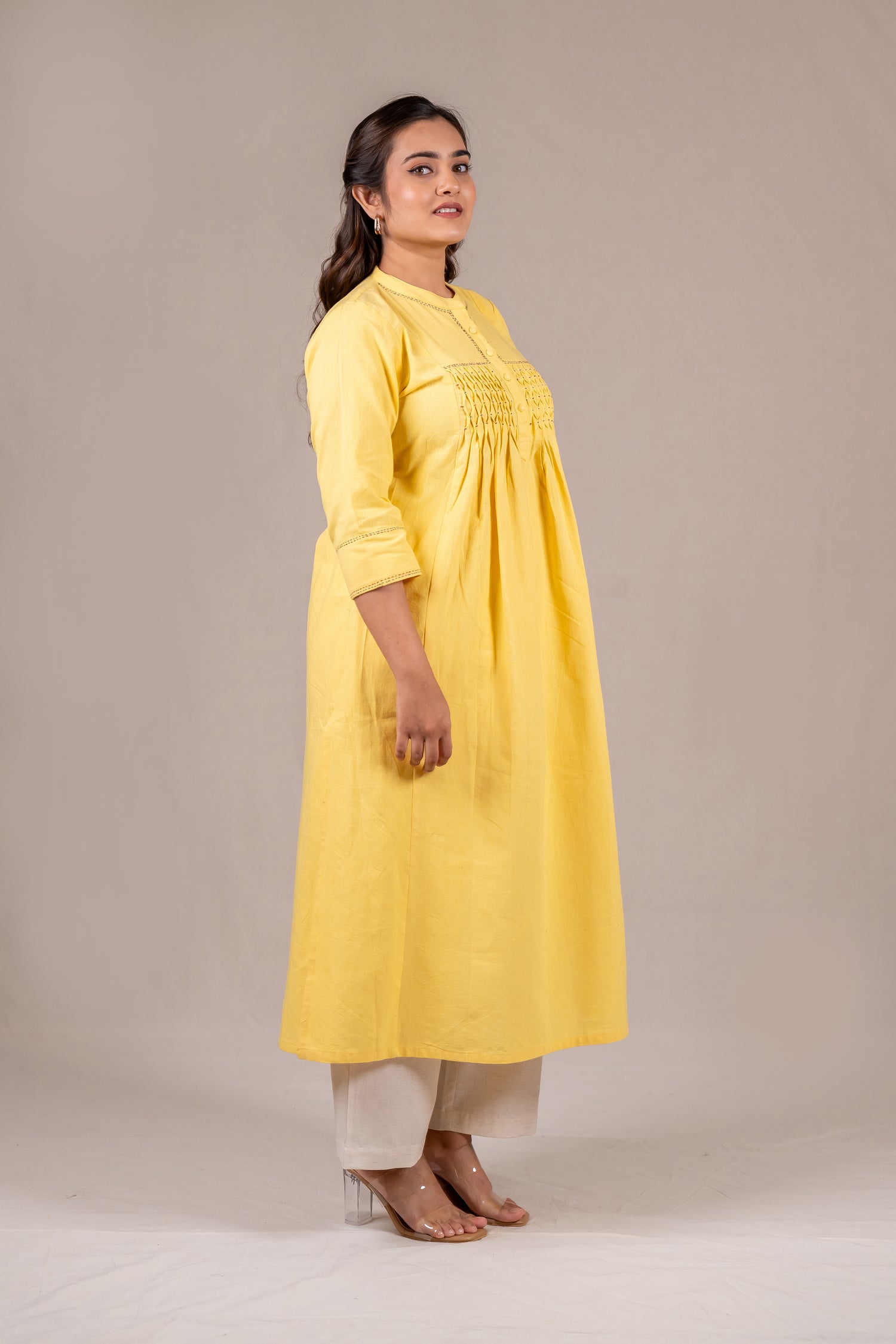 Light Yellow Smocked Hand-Embroidered Kurta – Sutra