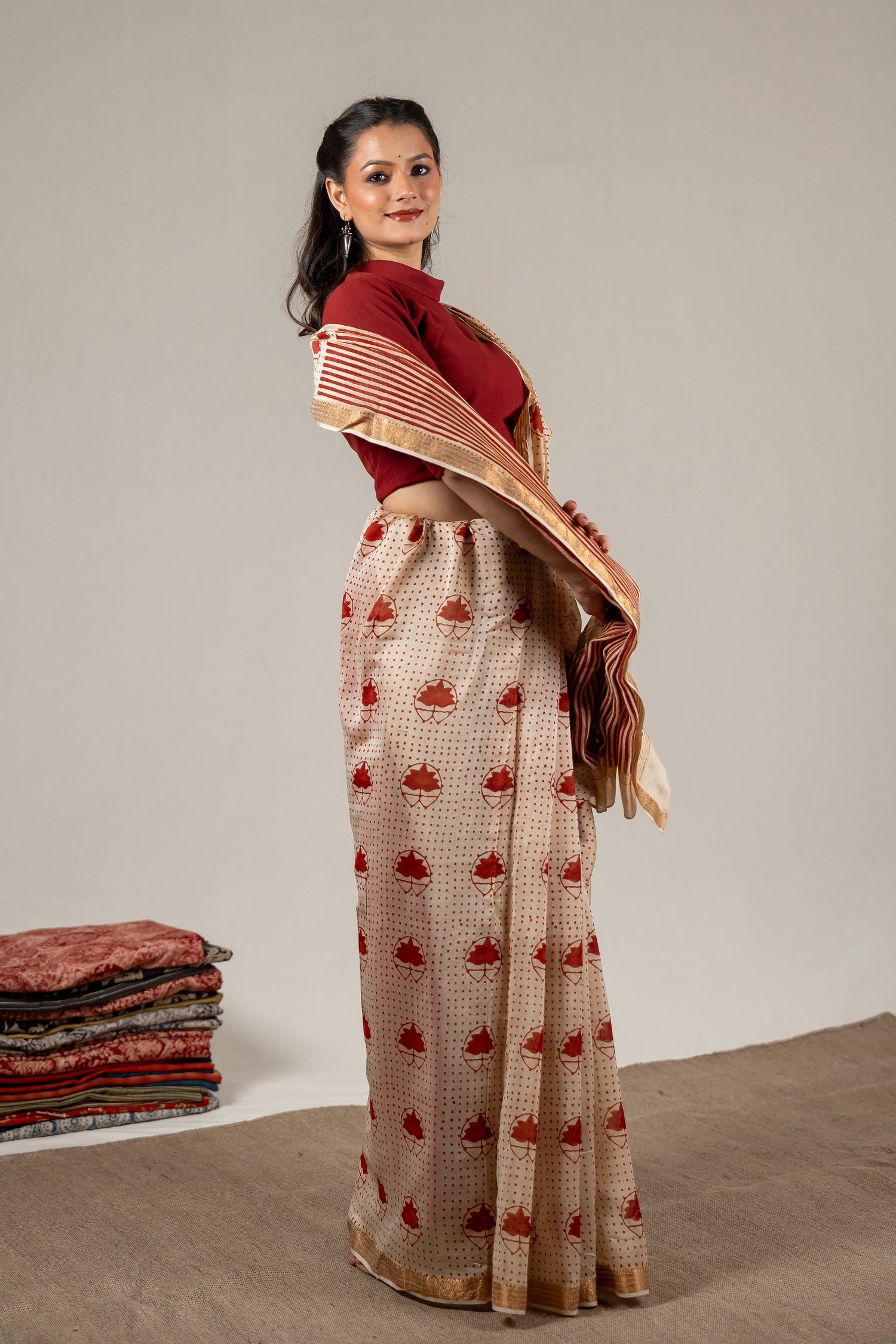 Brick Rust Chanderi Dabu Hand Block Printed Saree – Sama