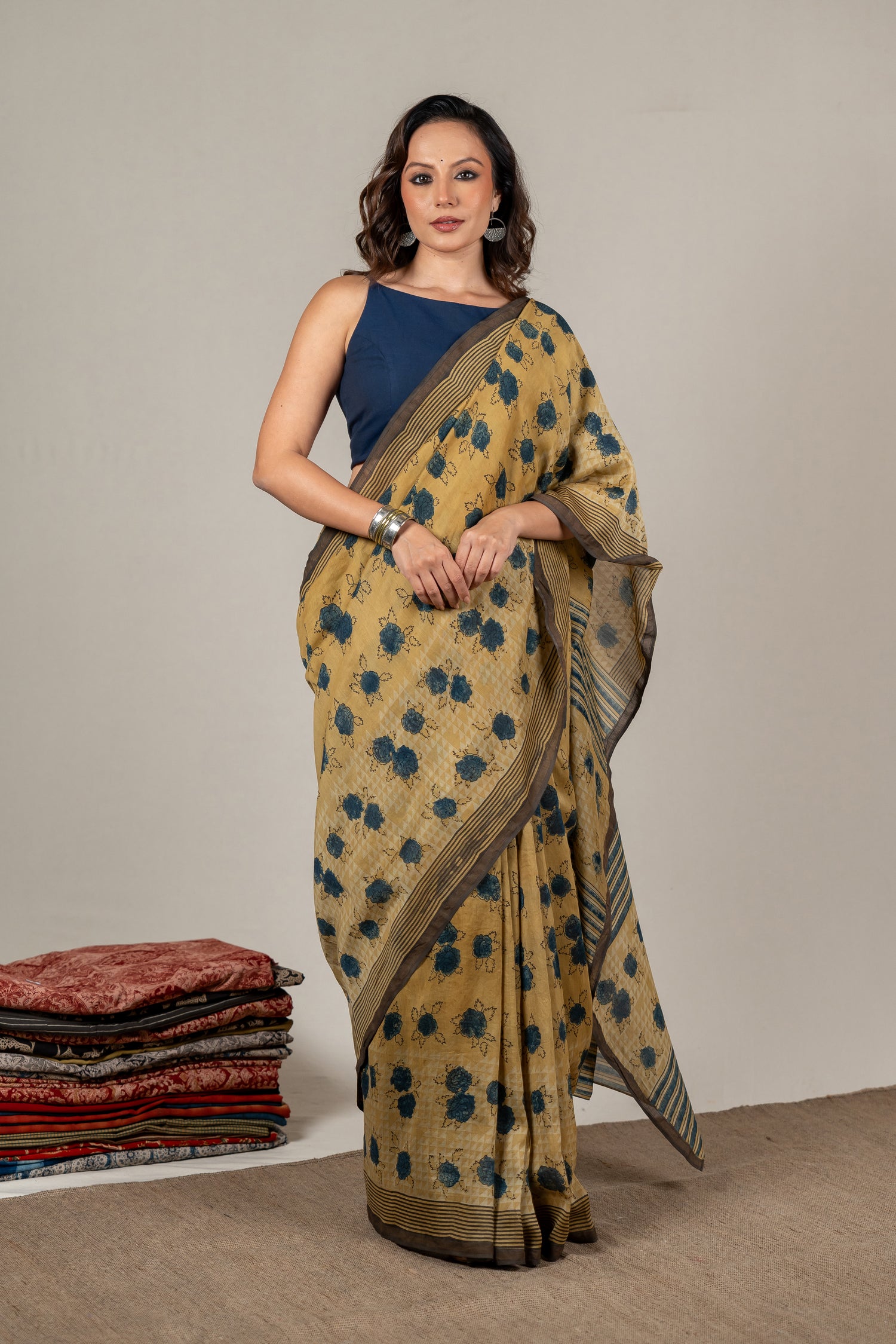 Chanderi Ajrakh Rose-Inspired Hand Block Printed Saree in Yellow – Sama
