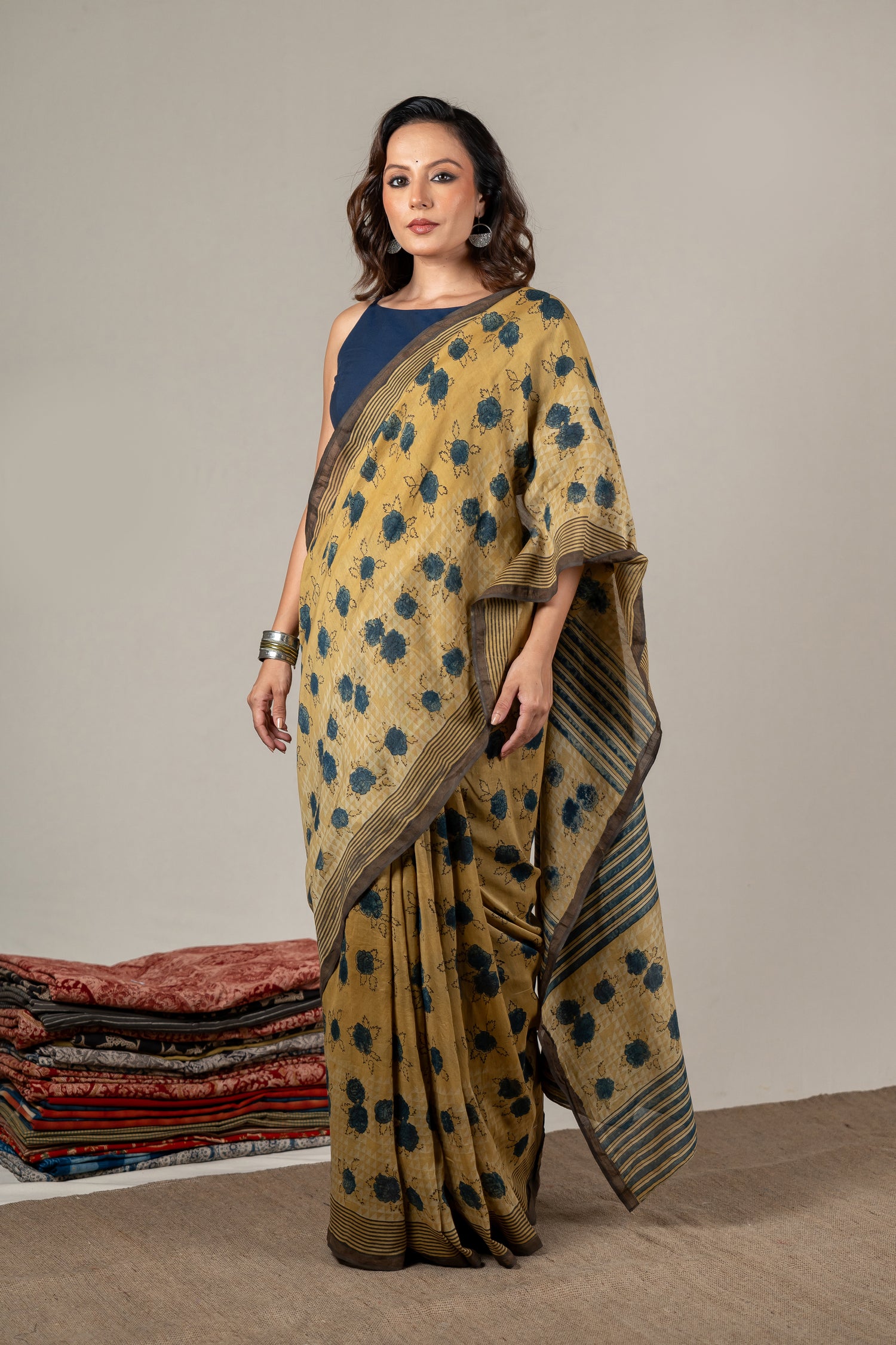 Chanderi Ajrakh Rose-Inspired Hand Block Printed Saree in Yellow – Sama