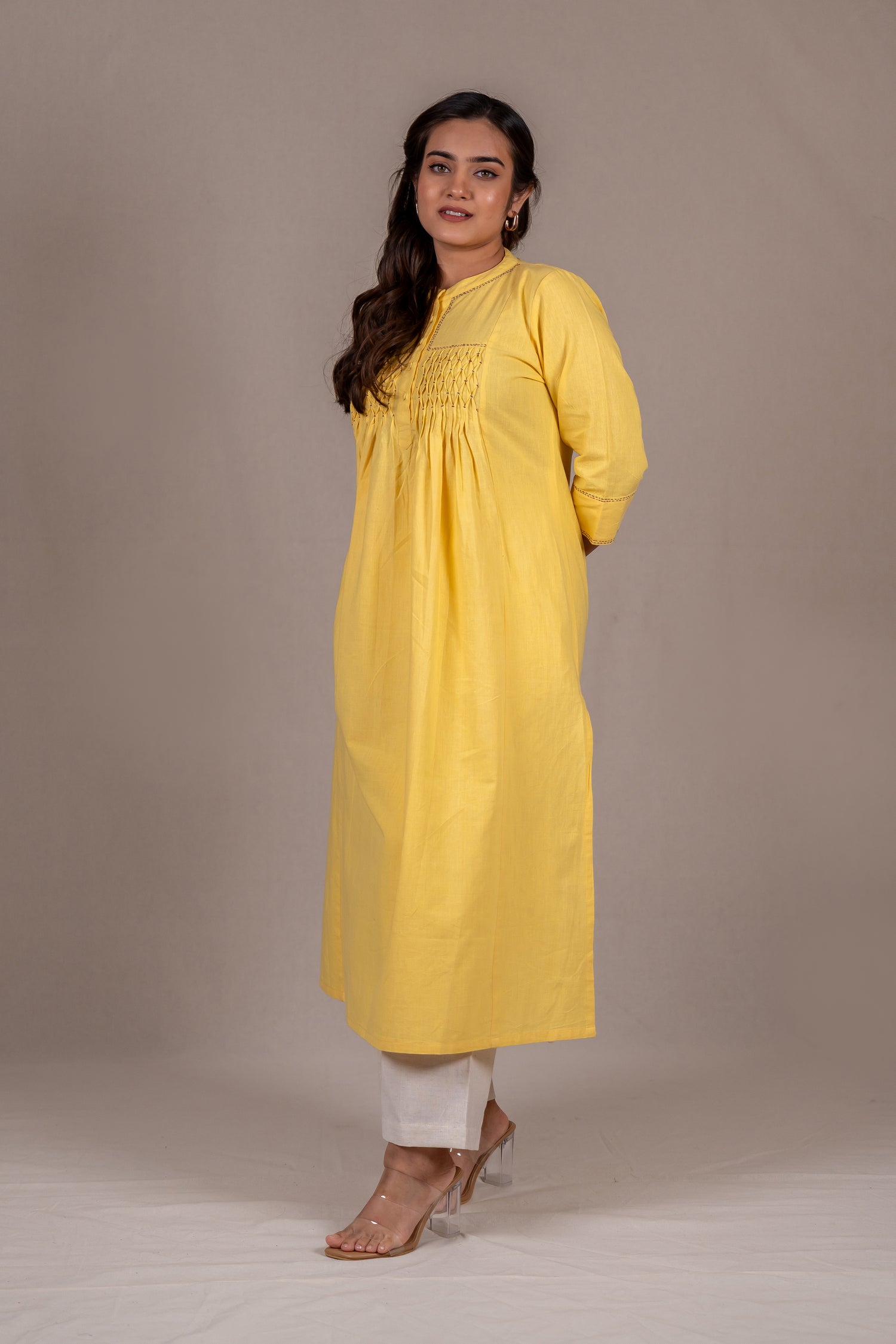 Light Yellow Smocked Hand-Embroidered Kurta – Sutra