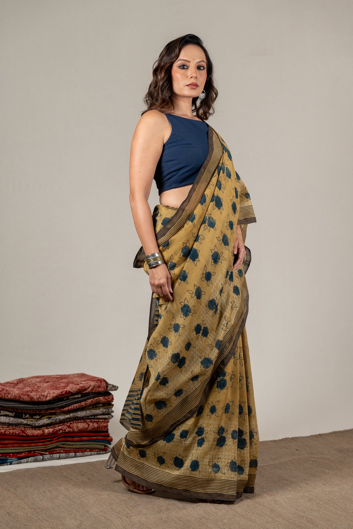Chanderi Ajrakh Rose-Inspired Hand Block Printed Saree in Yellow – Sama