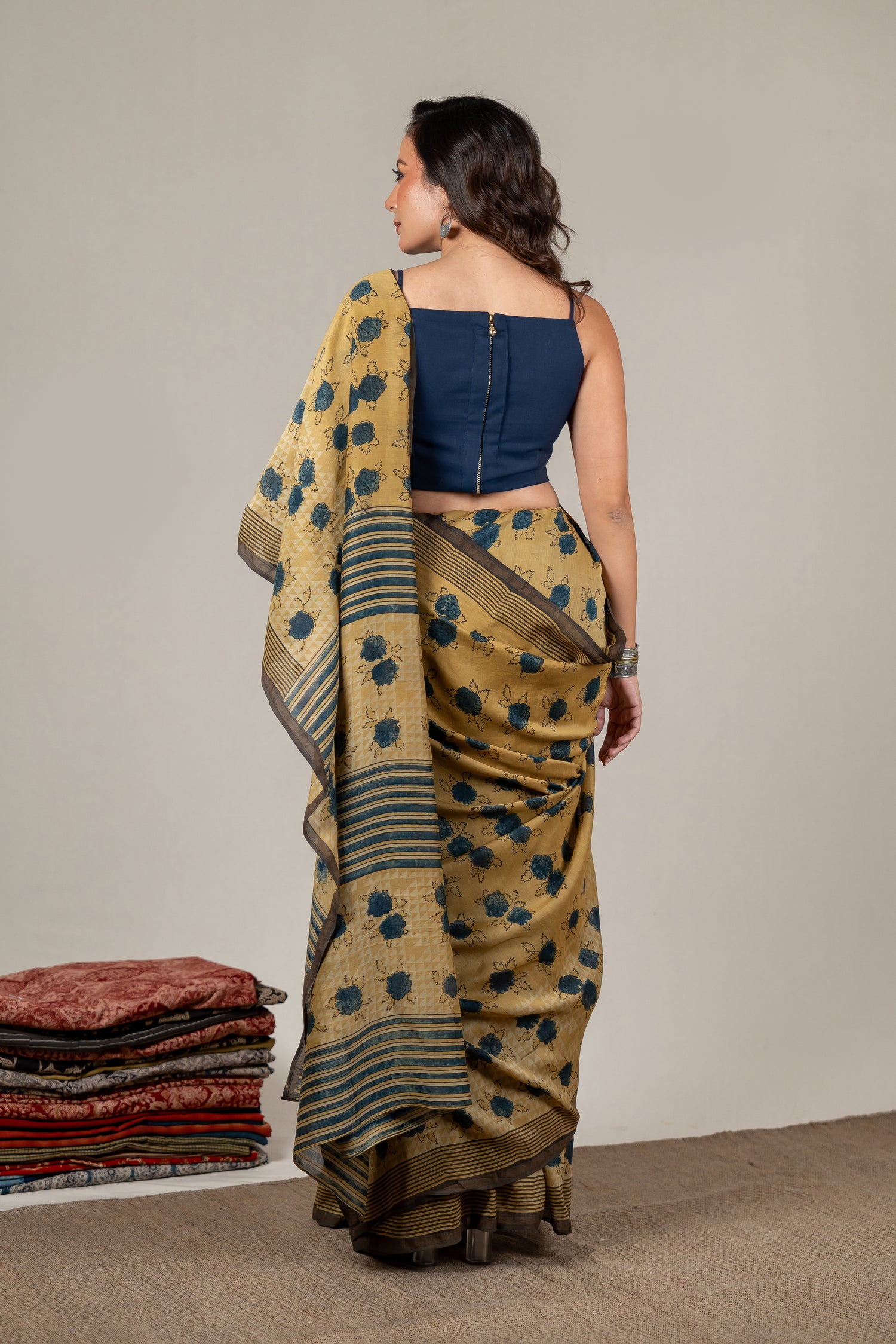 Chanderi Ajrakh Rose-Inspired Hand Block Printed Saree in Yellow – Sama