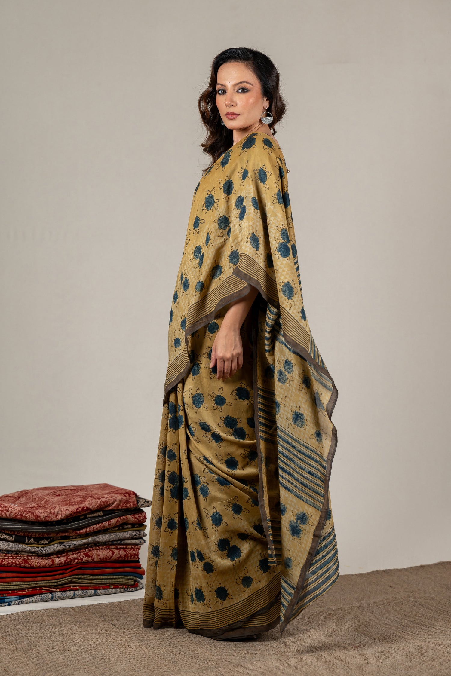 Chanderi Ajrakh Rose-Inspired Hand Block Printed Saree in Yellow – Sama