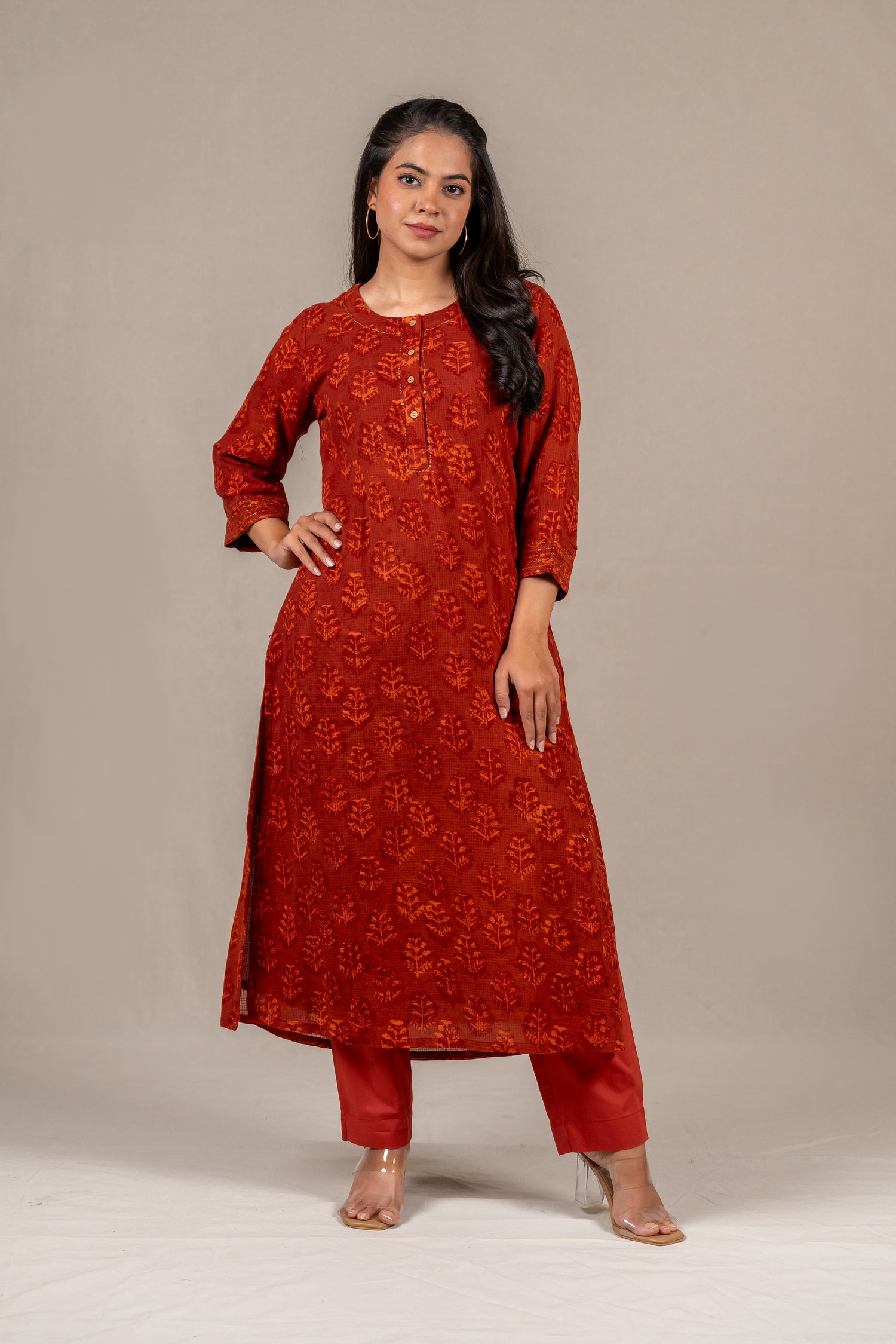 Brick Rust Dabu Mul-Mul Kota Kurta – Sutra
