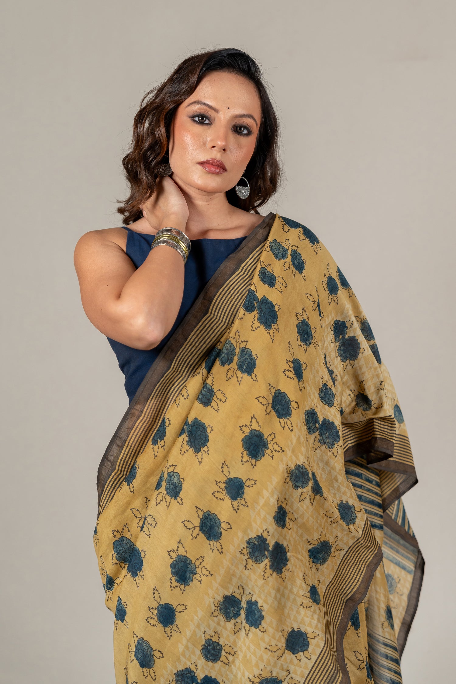 Chanderi Ajrakh Rose-Inspired Hand Block Printed Saree in Yellow – Sama