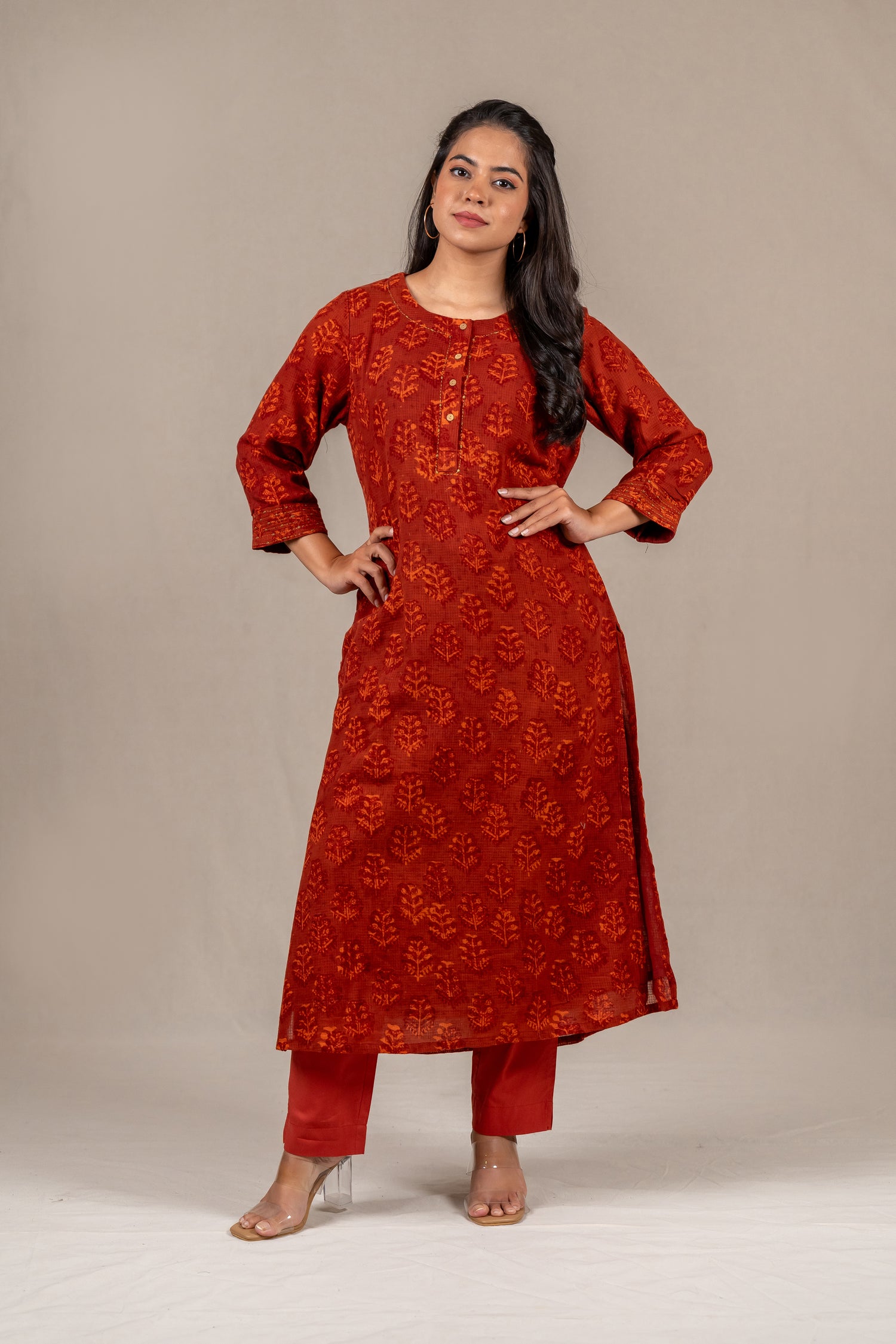 Brick Rust Dabu Mul-Mul Kota Kurta – Sutra