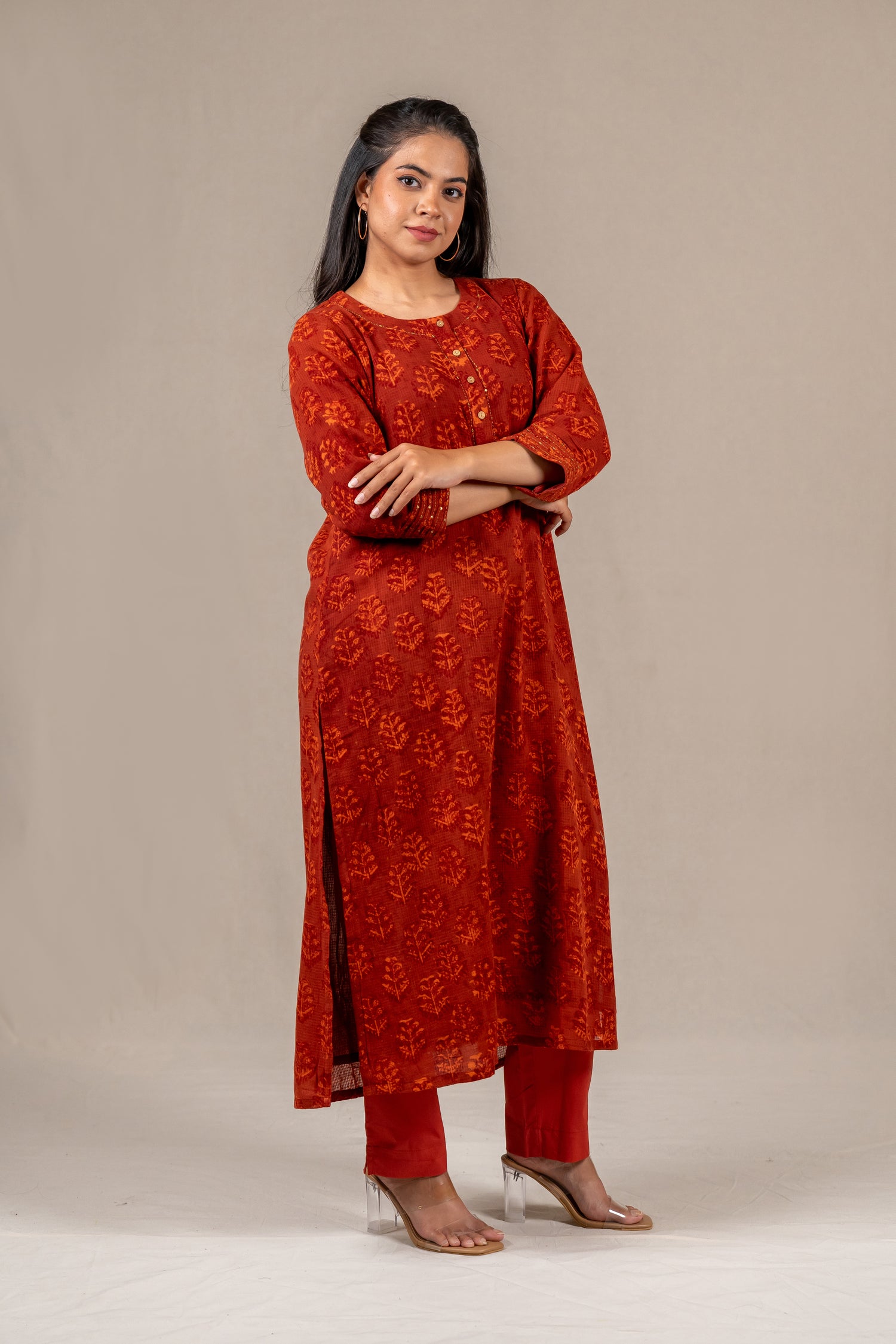 Brick Rust Dabu Mul-Mul Kota Kurta – Sutra