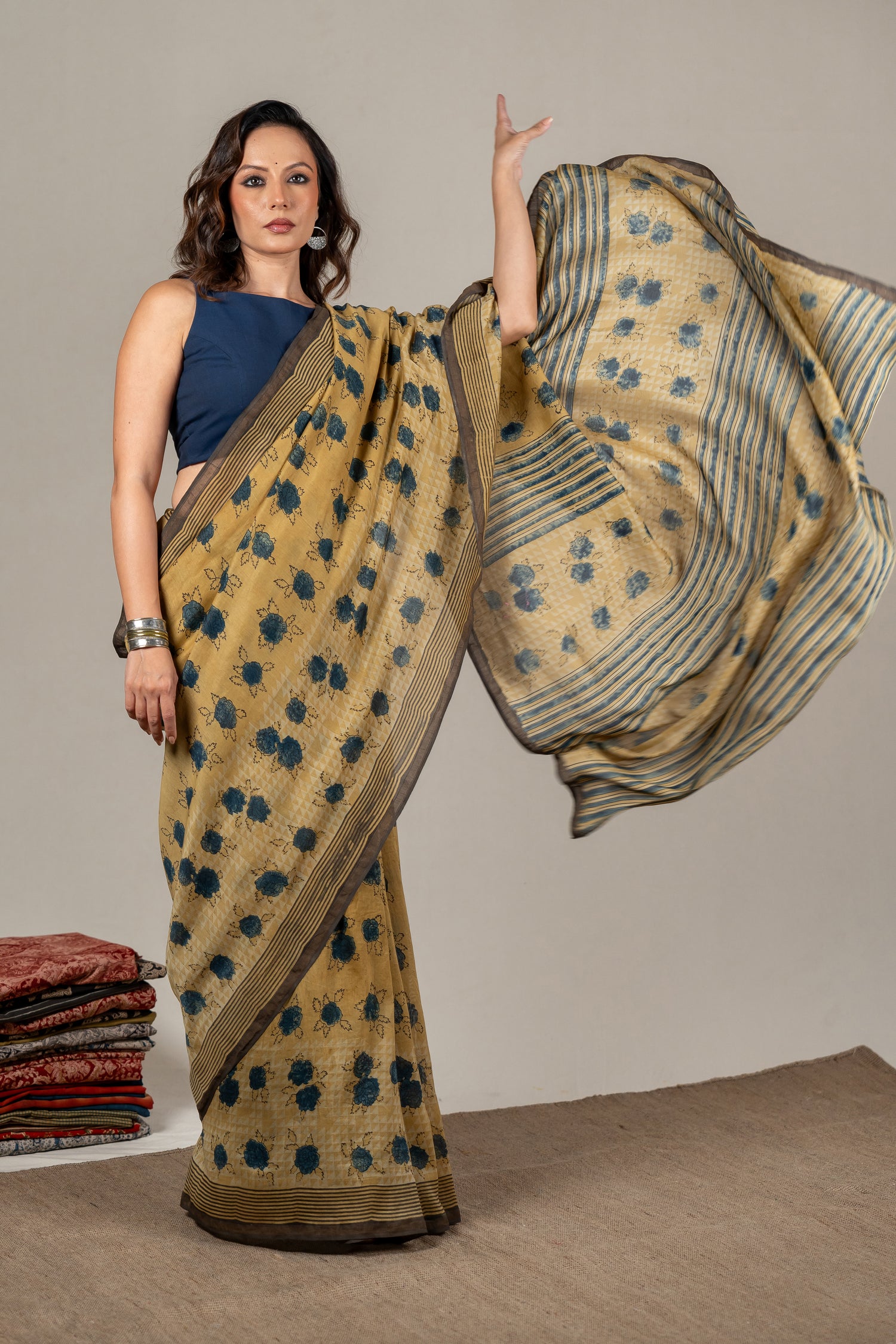Chanderi Ajrakh Rose-Inspired Hand Block Printed Saree in Yellow – Sama