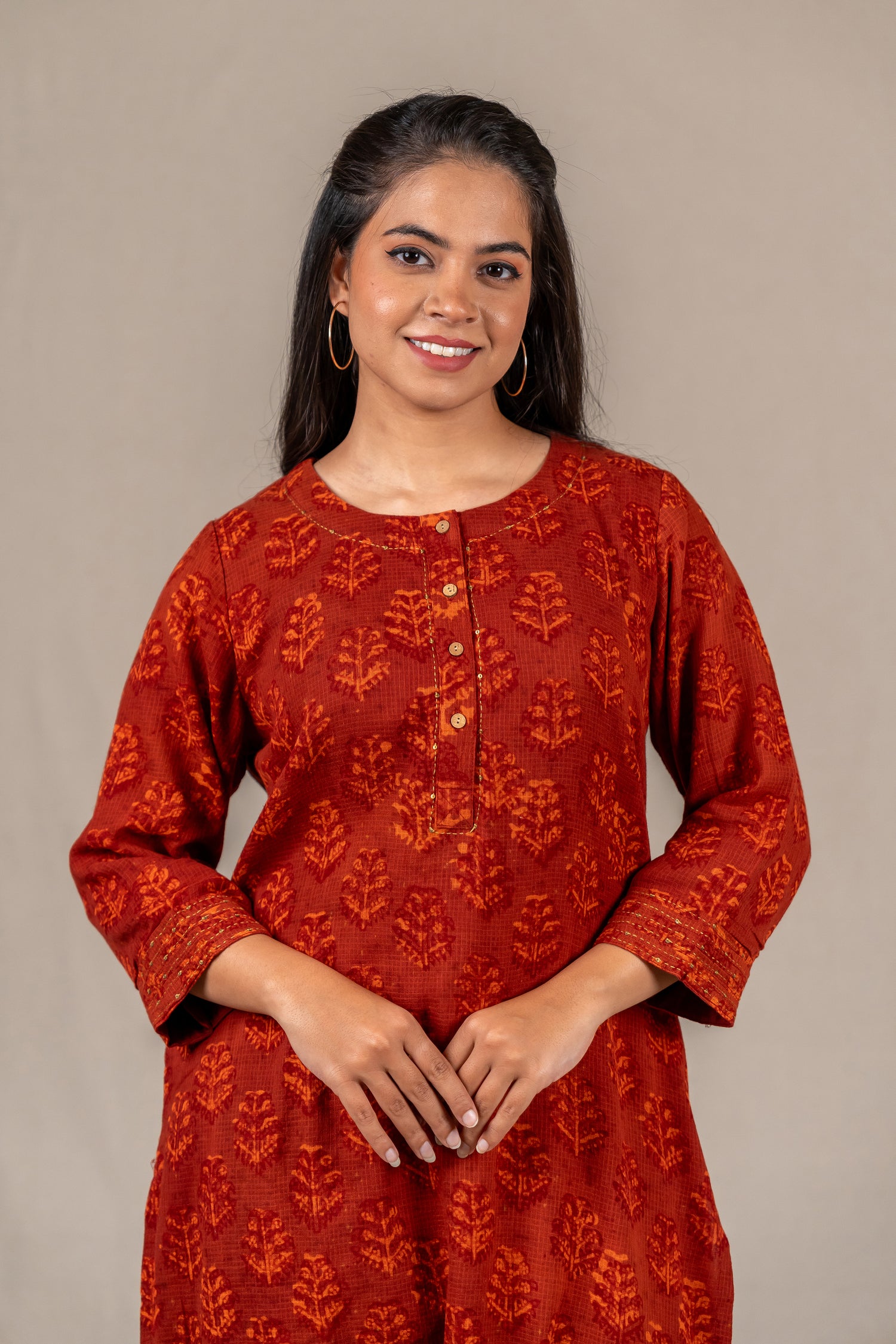 Brick Rust Dabu Mul-Mul Kota Kurta – Sutra