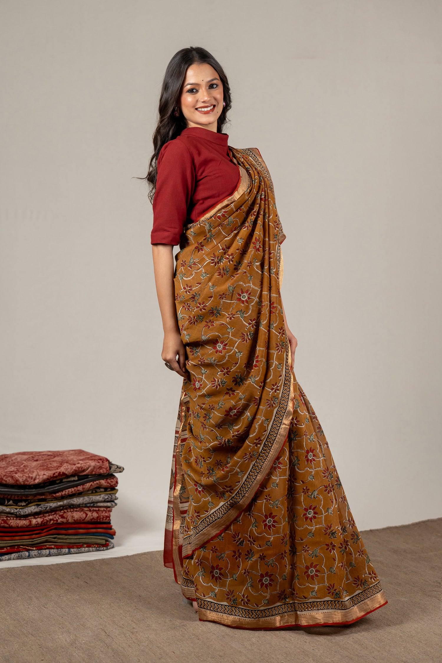 Madder Yellow Chanderi Dabu Hand Block Printed Saree – Sama