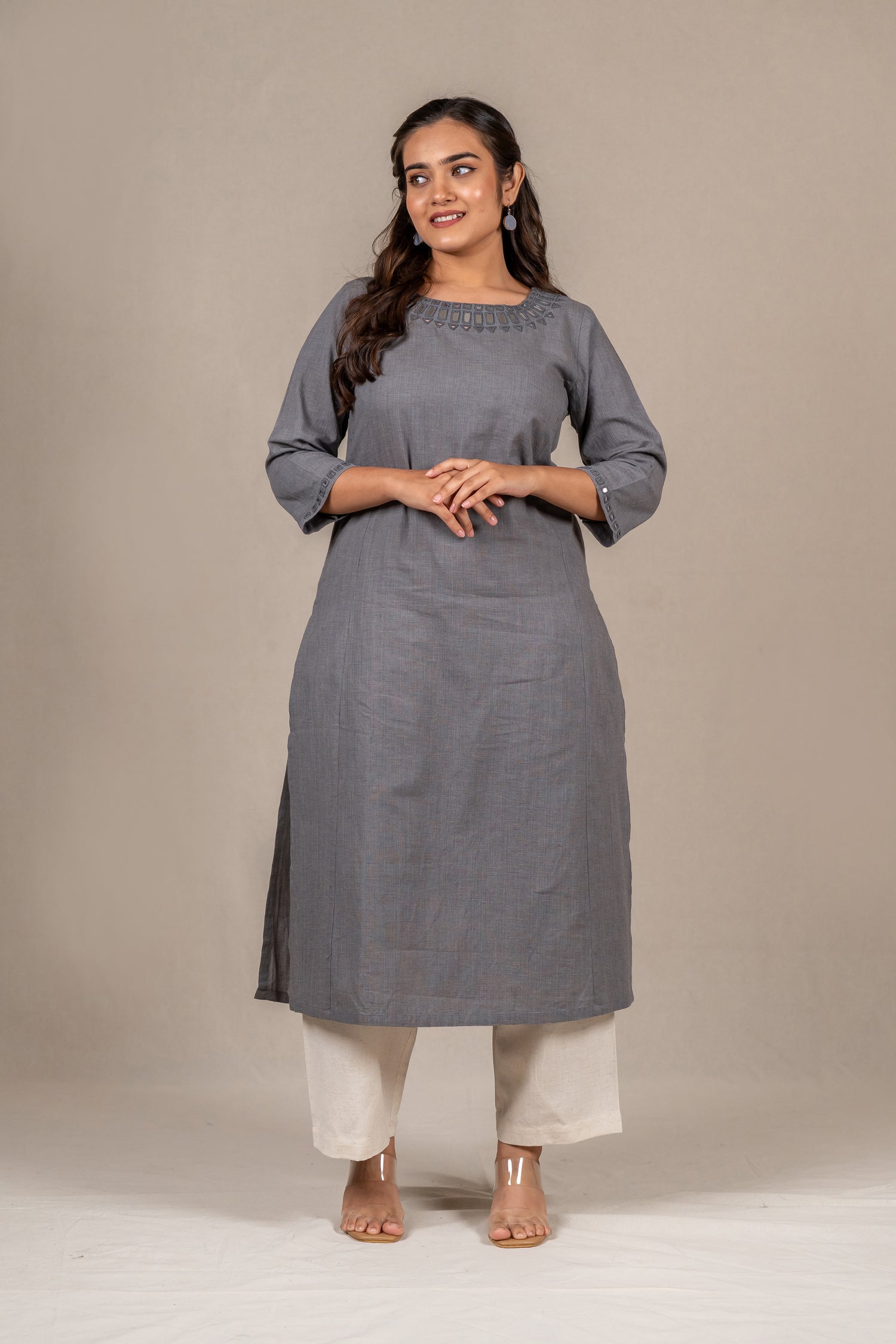 Boat-Neck Grey Kurta with Geometric Mirror Work – Sutra