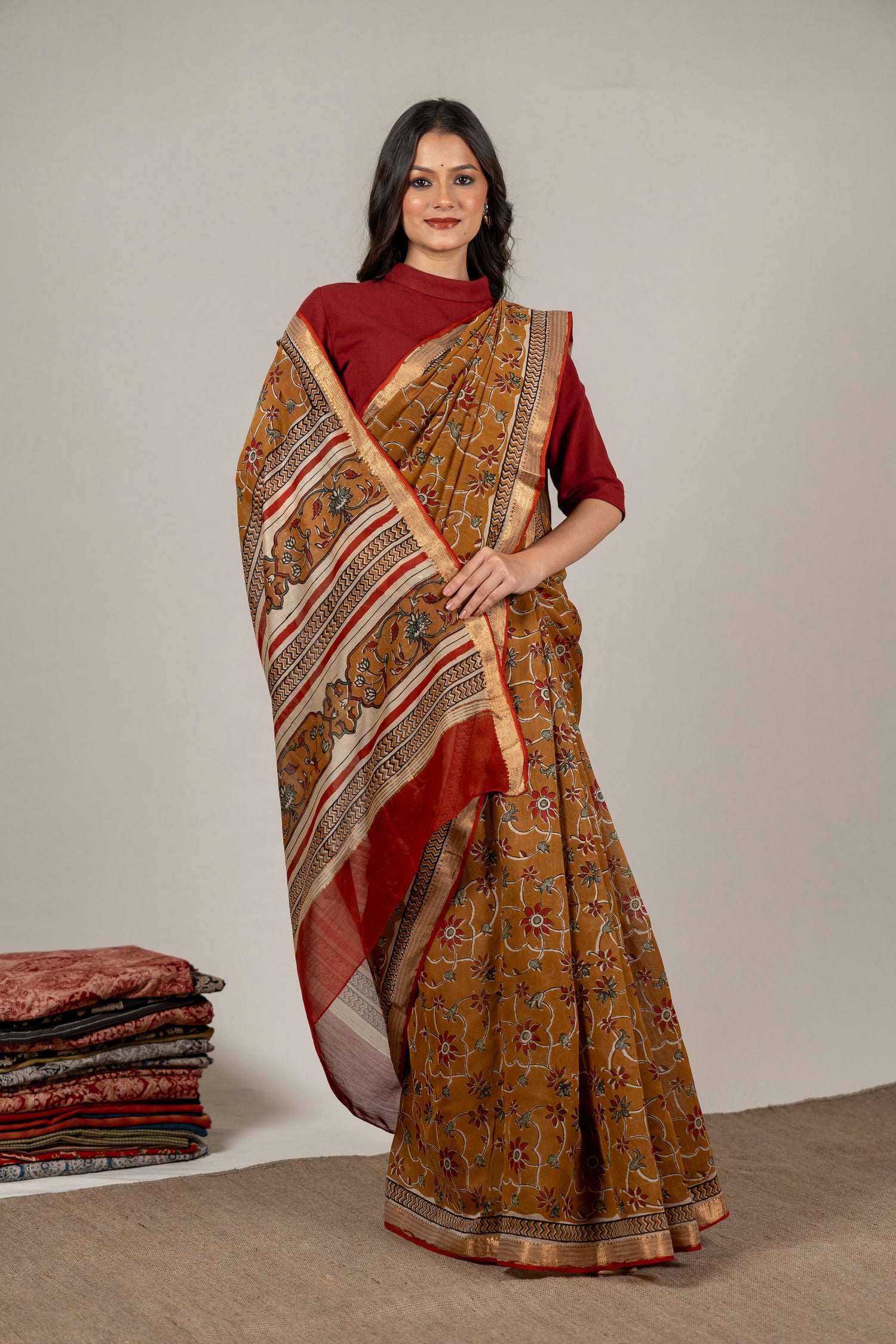Madder Yellow Chanderi Dabu Hand Block Printed Saree – Sama