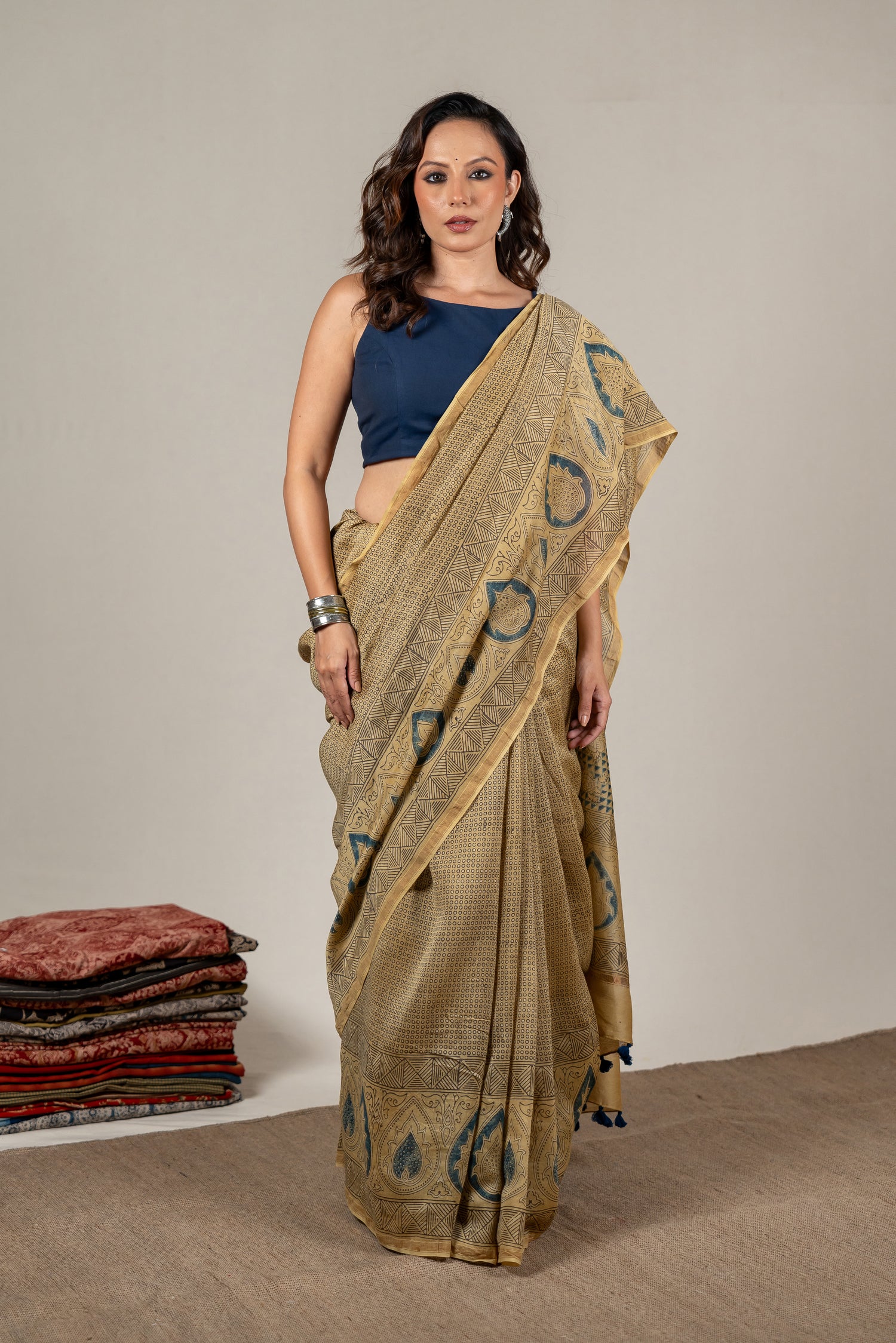 Chanderi Ajrakh Hand Block Printed Saree in Madder Yellow – Sama