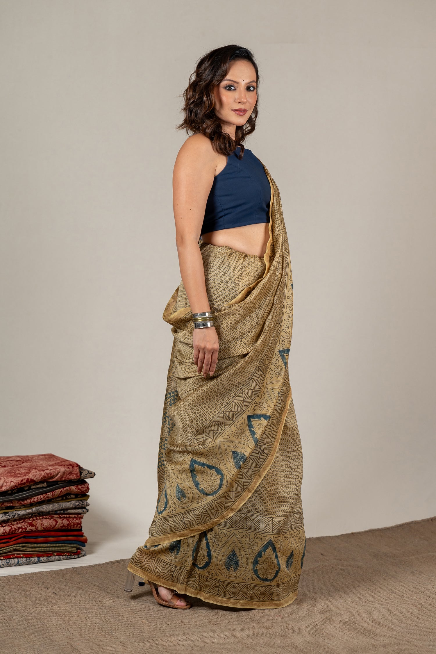 Chanderi Ajrakh Hand Block Printed Saree in Madder Yellow – Sama