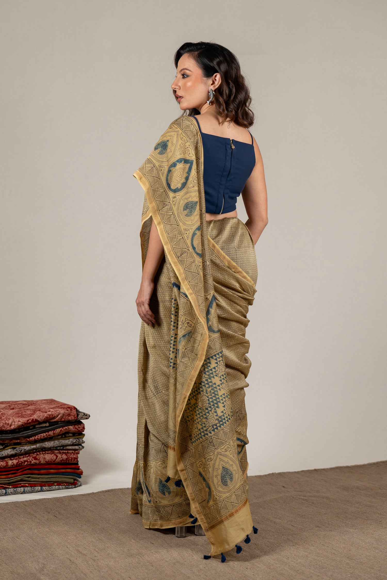 Chanderi Ajrakh Hand Block Printed Saree in Madder Yellow – Sama