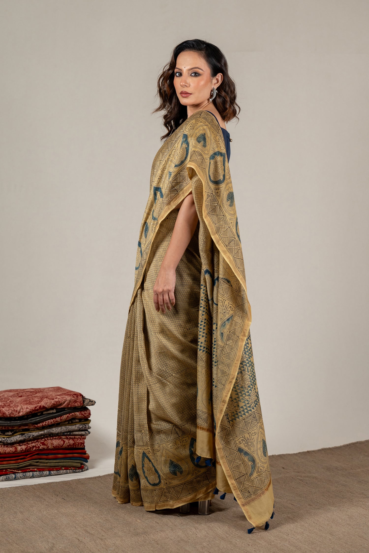 Chanderi Ajrakh Hand Block Printed Saree in Madder Yellow – Sama