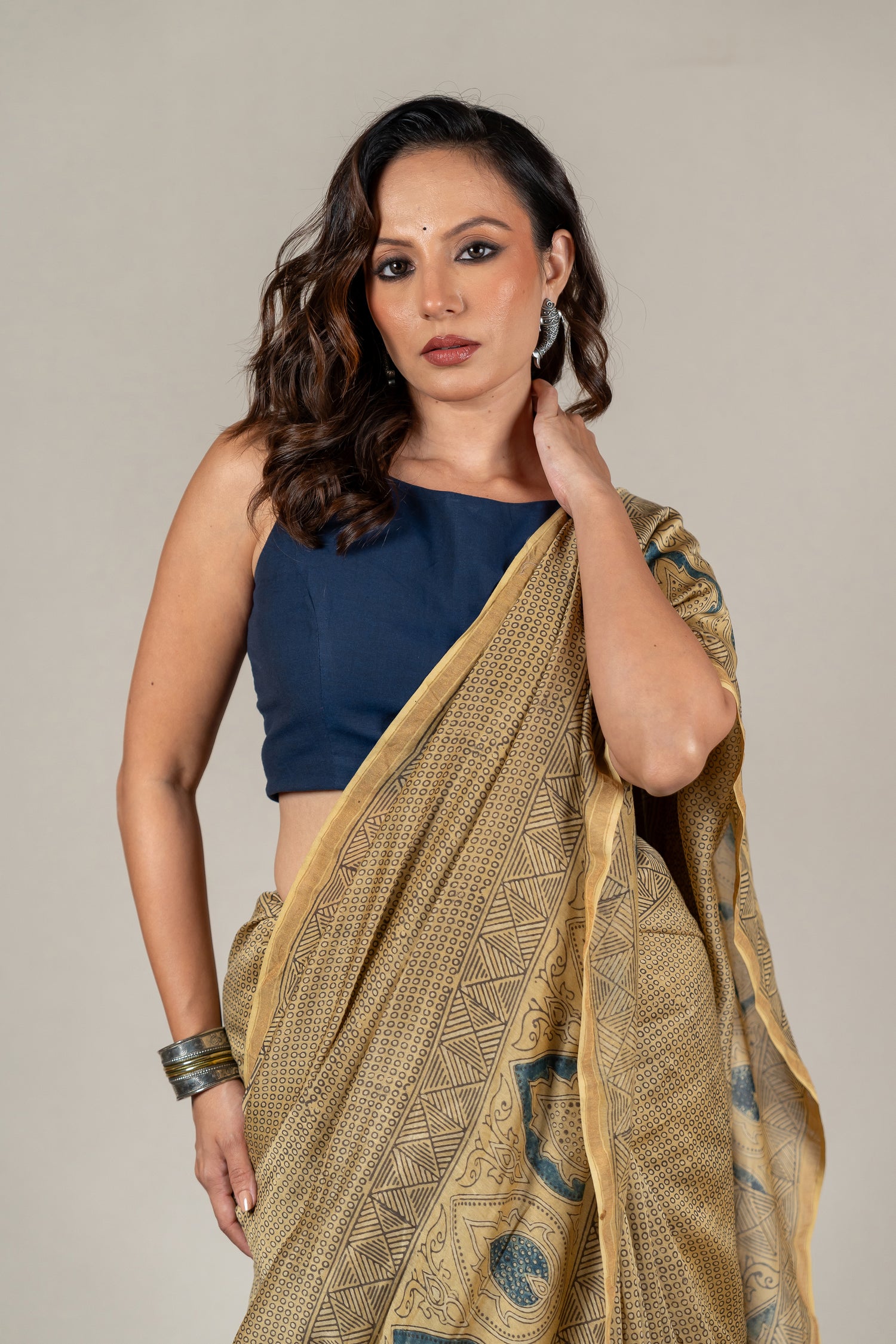 Chanderi Ajrakh Hand Block Printed Saree in Madder Yellow – Sama